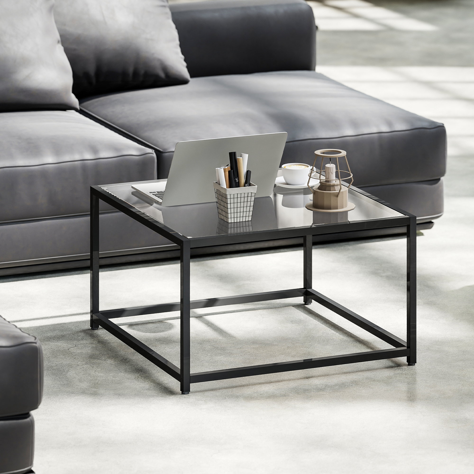 Beistelltisch Quadratisch Nachttisch mit Hartglas-Tischplatte, Couchtisch mit Beinen aus Stahl 68 x 68 x 39 cm Schwarz