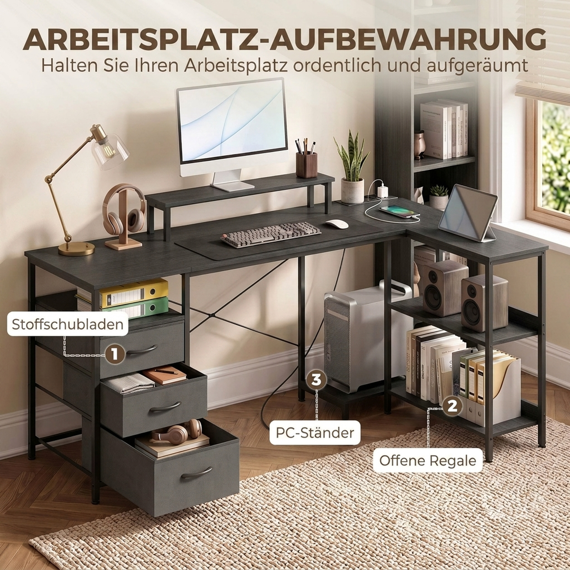 Schreibtisch in L-Form, umkehrbarer Eckschreibtisch mit Schubladen und Regalen, 170 cm, Schwarz