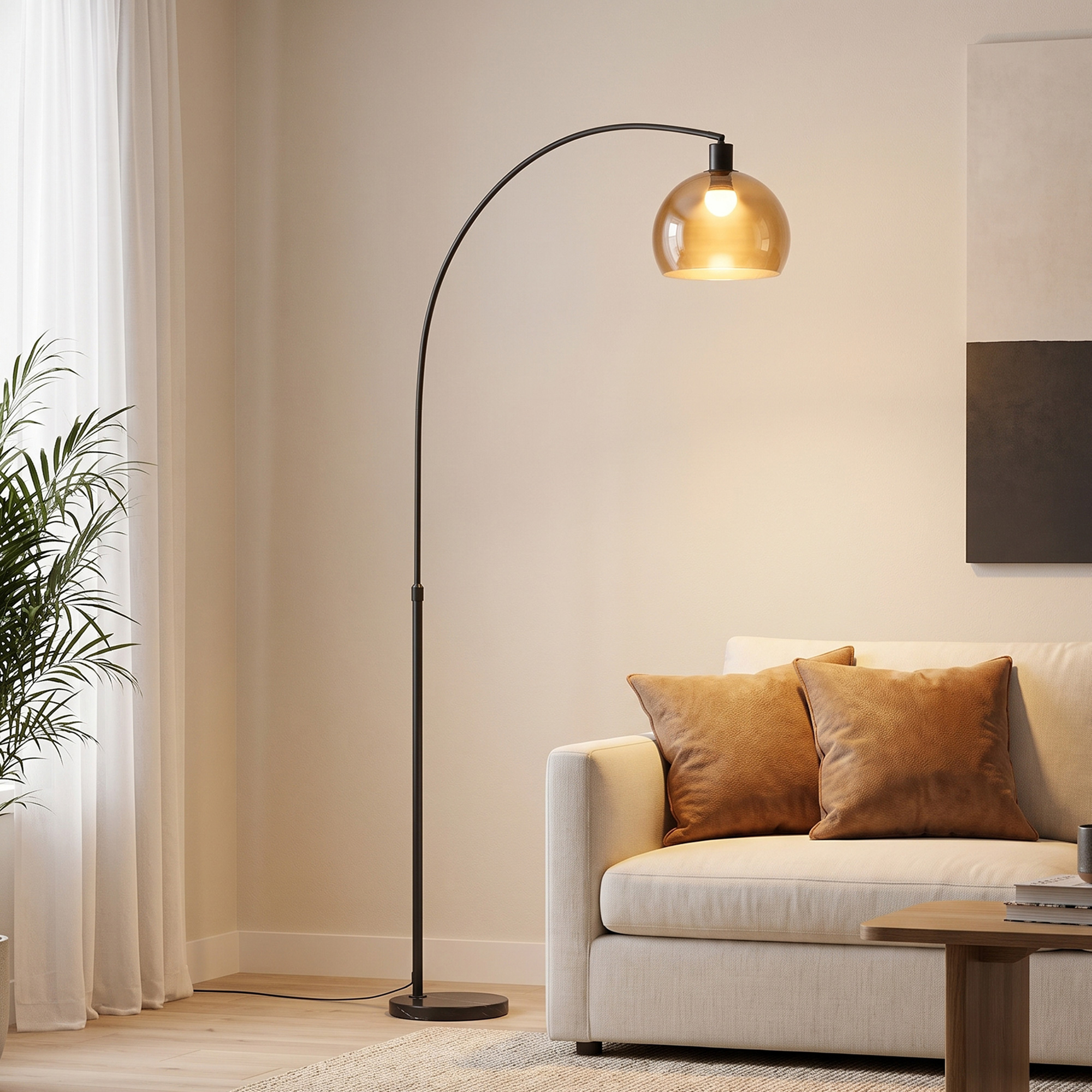 Stehlampe, gebogener Kopf, Fußschalter, Marmorsockel, Kunststoffschirm, Grau