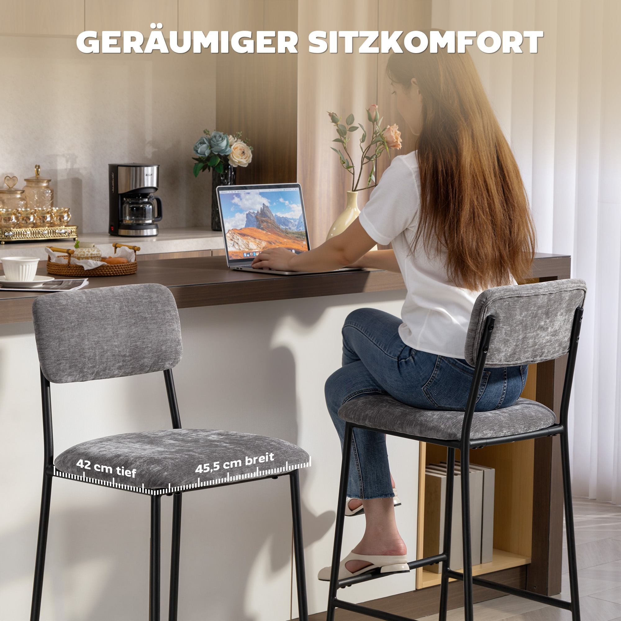 2er-Set Barstühle, gepolsterte Hochstühle für Küchentheke, Hausbar, Rückenlehne, Fußstütze, Stoffbezug, Stahl, Grau