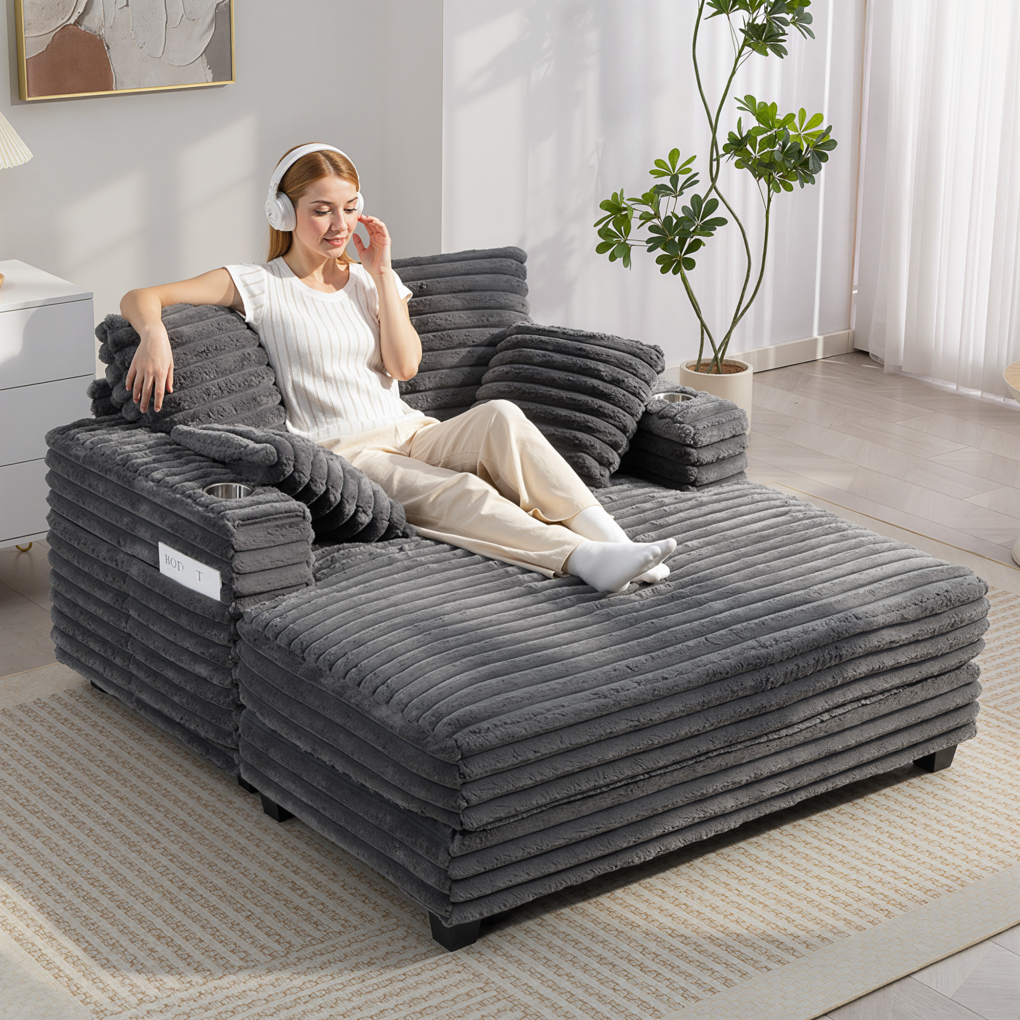 Chaiselongue 2 Sitzer Groß Schlafsofa 134 x 151 cm mit Becherhalter für Wohnzimmer, Grau