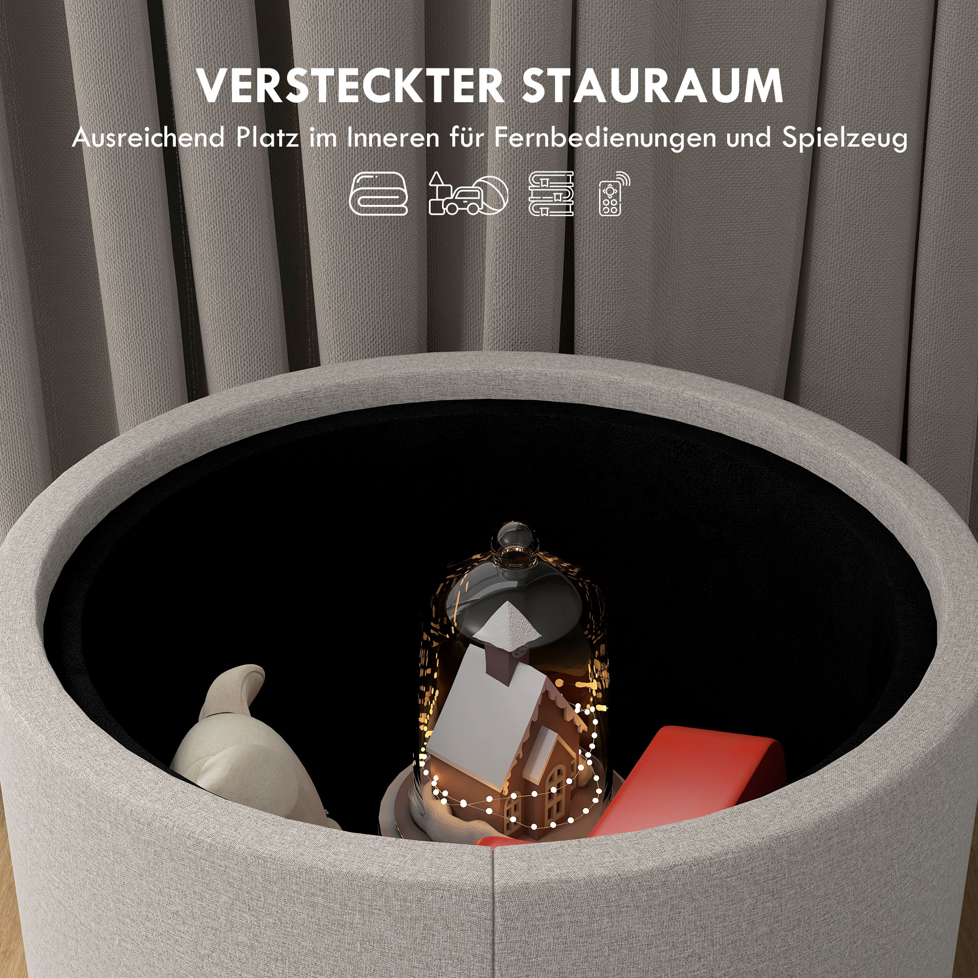 Hocker Polsterhocker, Leinen, versteckter Stauraum, umkehrbarer Deckel, 56cm x 56 cm x 42 cm, Hellgrau + Natur