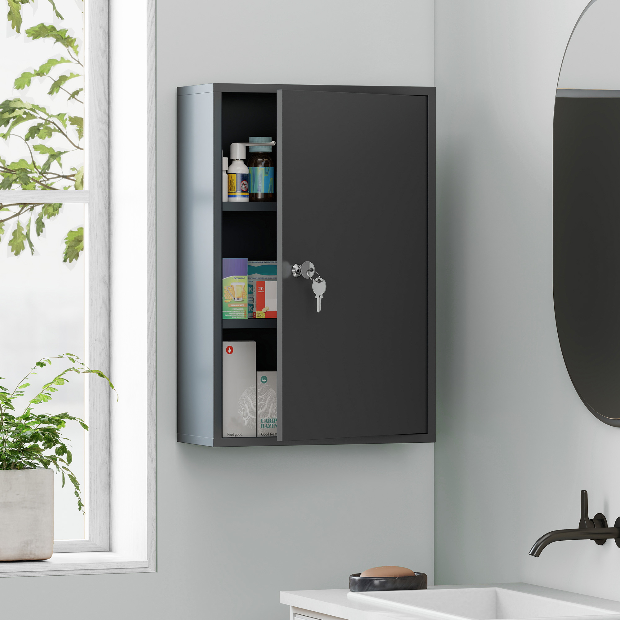Wand-Medizinschrank, Badezimmerschrank mit 3 Regalböden, 2 Schlüsseln, 40 x 18 x 60 cm, Grau