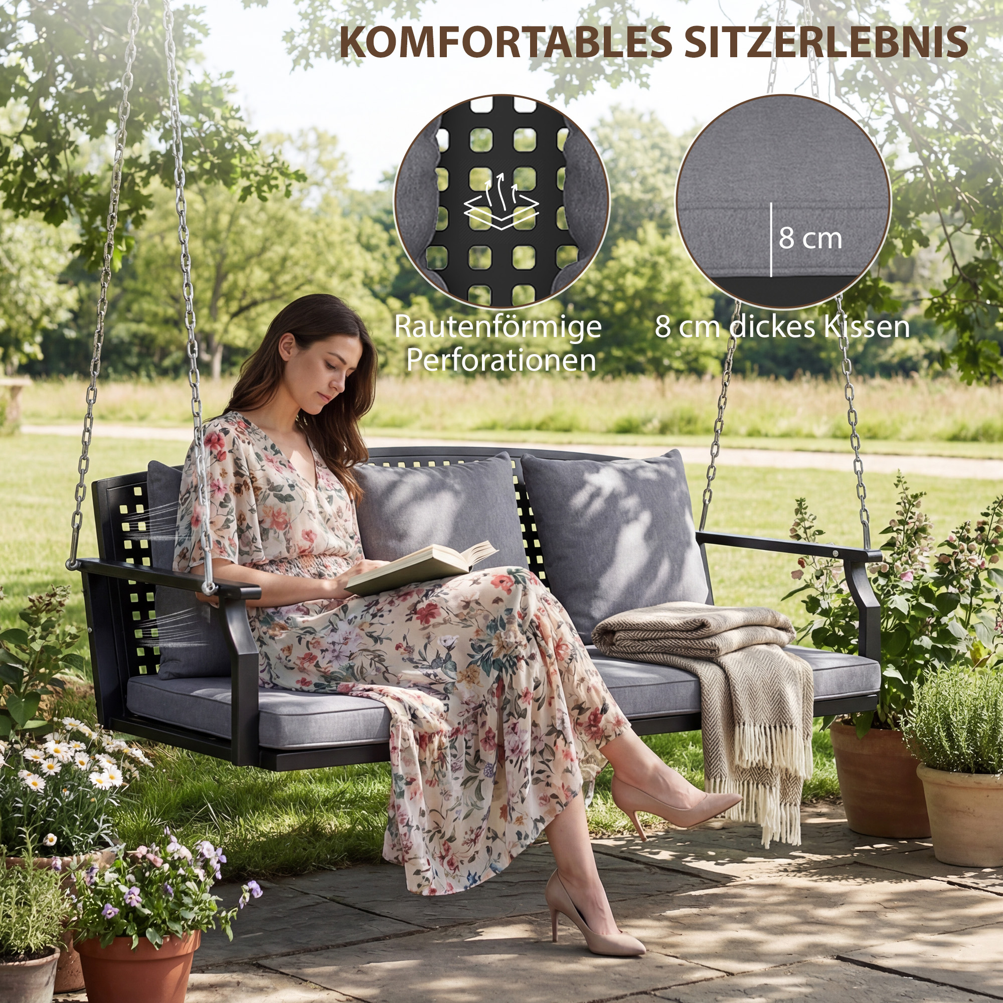 3-Sitzer Veranda-Schaukel, Gartenschaukelbank mit 3 Rückenkissen, Sitzkissen, Hängevorrichtung, Grau