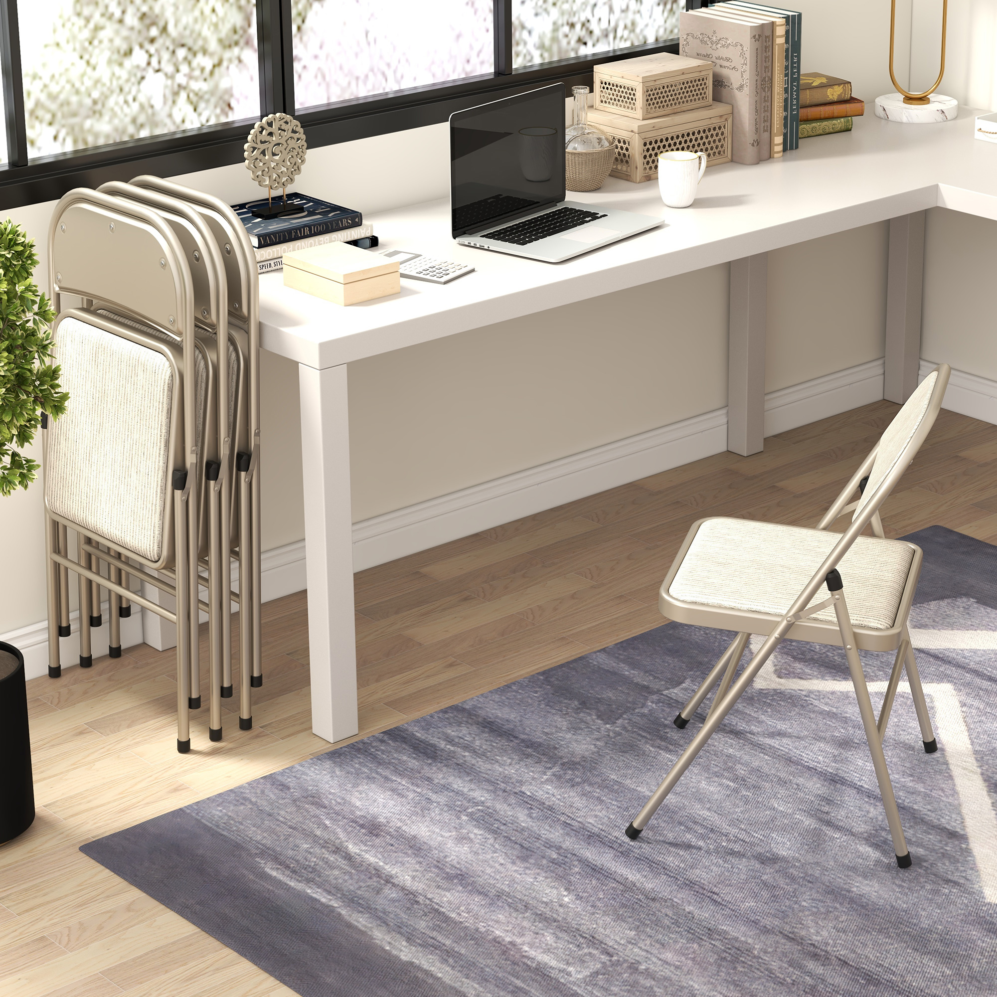 4er-Set Klappstühle, Tragbare Bürostühle, Stahlbeine, Faltstuhl für Büro, Empfang, Wartezimmer, Leinenoptik Beige