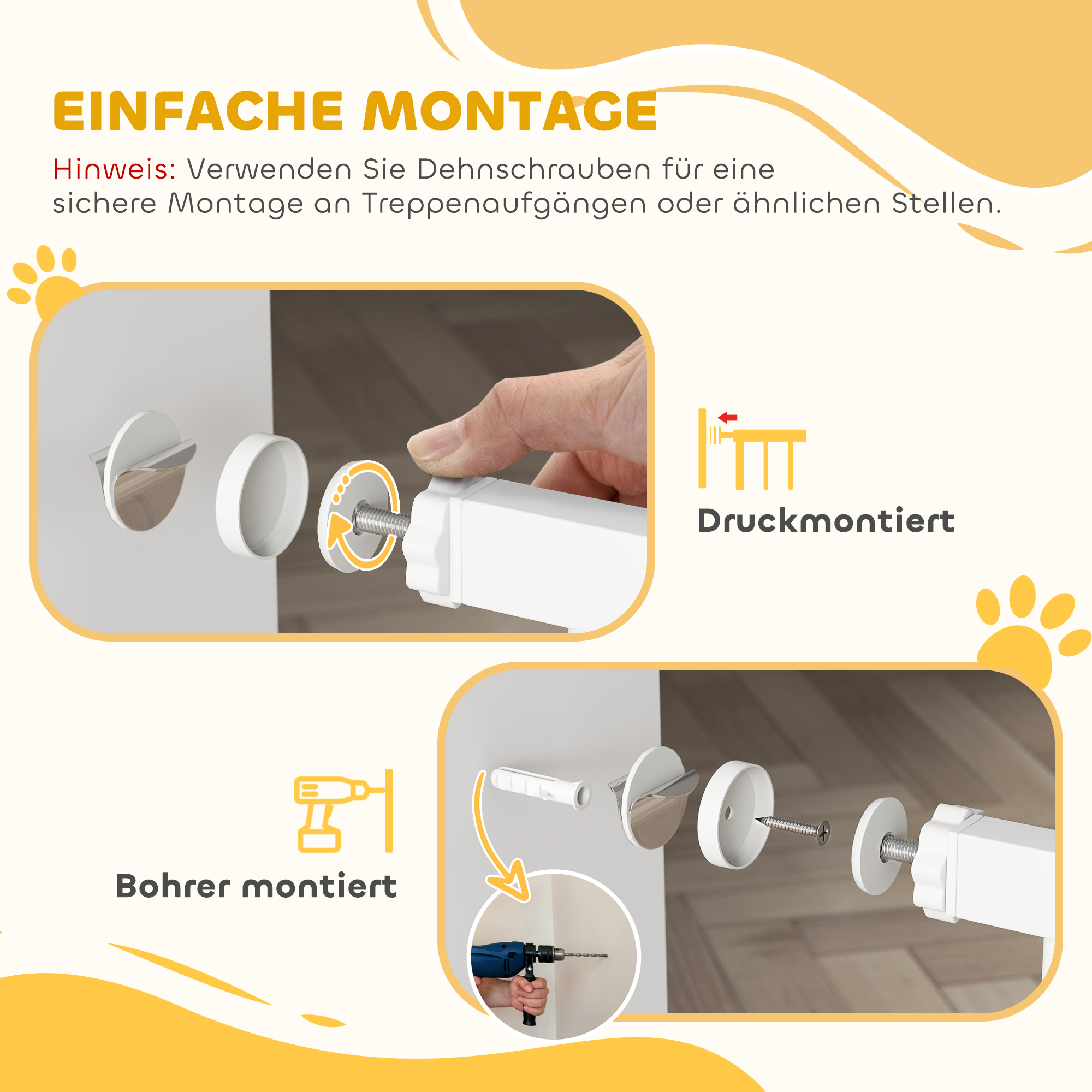 106 cm hohes Haustiergitter mit anpassbarer Breite, integrierte Katzentür, für Treppen und Türrahmen, Weiß