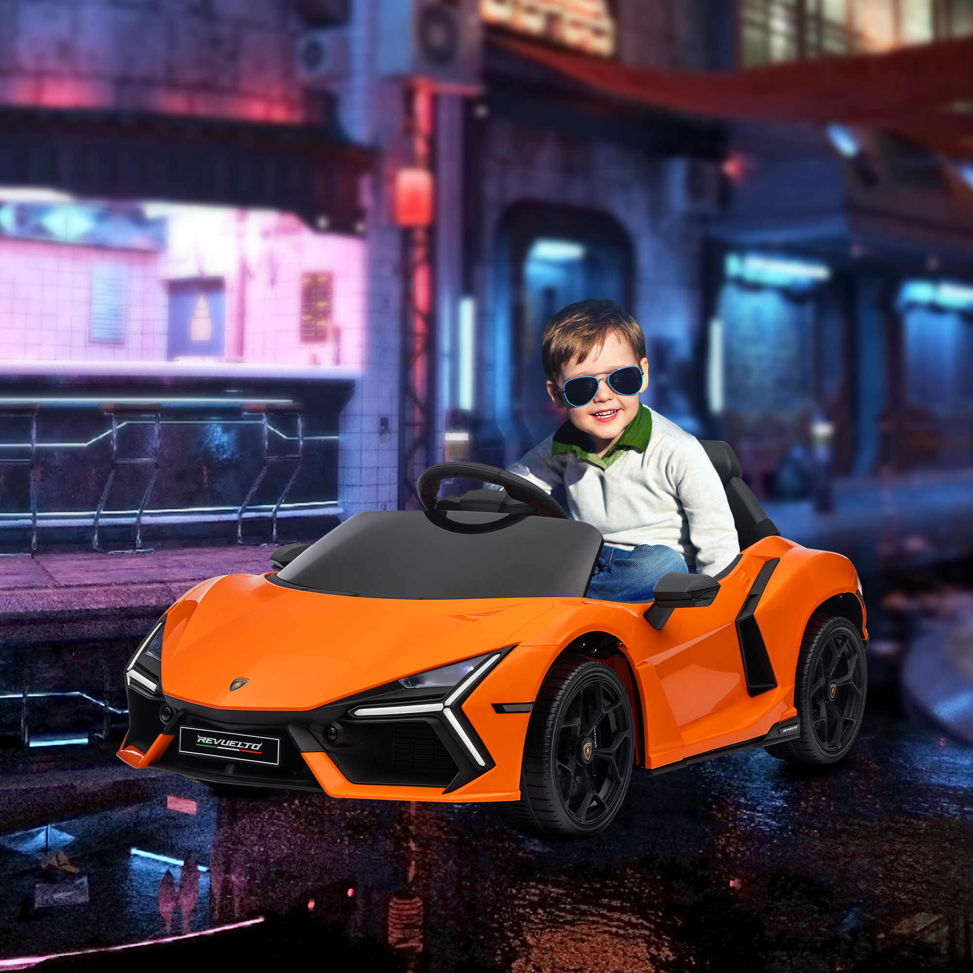 Elektroauto für Kinder von 3-5 Jahren, sanfter Antrieb, fernsteuerbar, mit Hupe, Kunststoff und Metall, Orange