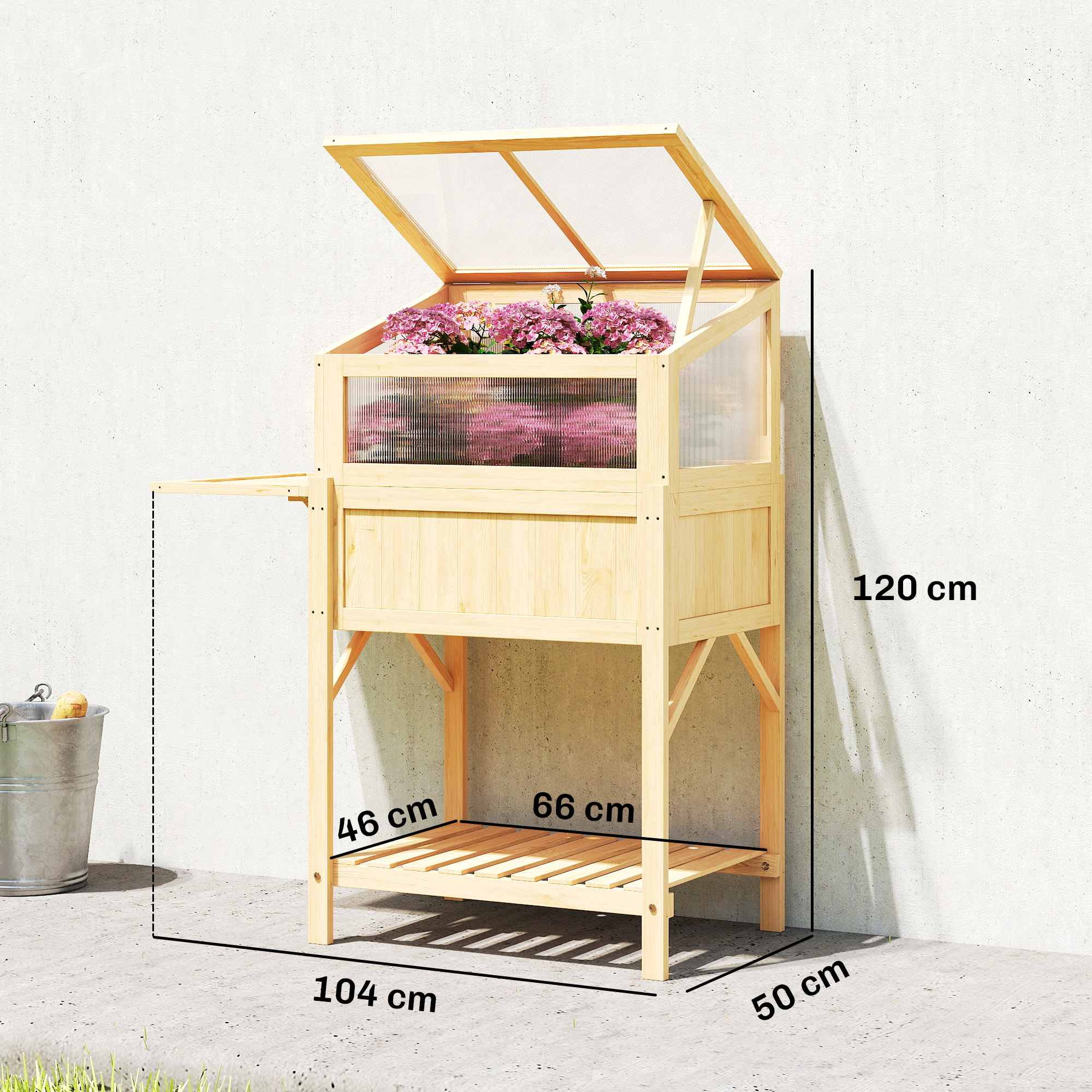 Hochbeet mit Frühbeetaufsatz aus Holz Pflanzkasten mit Gewächshaus klappbar Seitentisch Ablagefach Naturholz