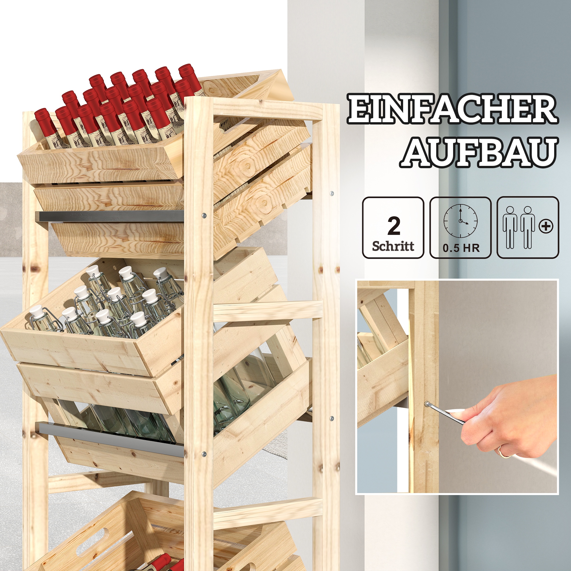 Getränkekistenregal für 3 Getränkekisten Getränkeregal Holz Kistenregal mit 3 Ebenen 56 x 32 x 112 cm Naturholz