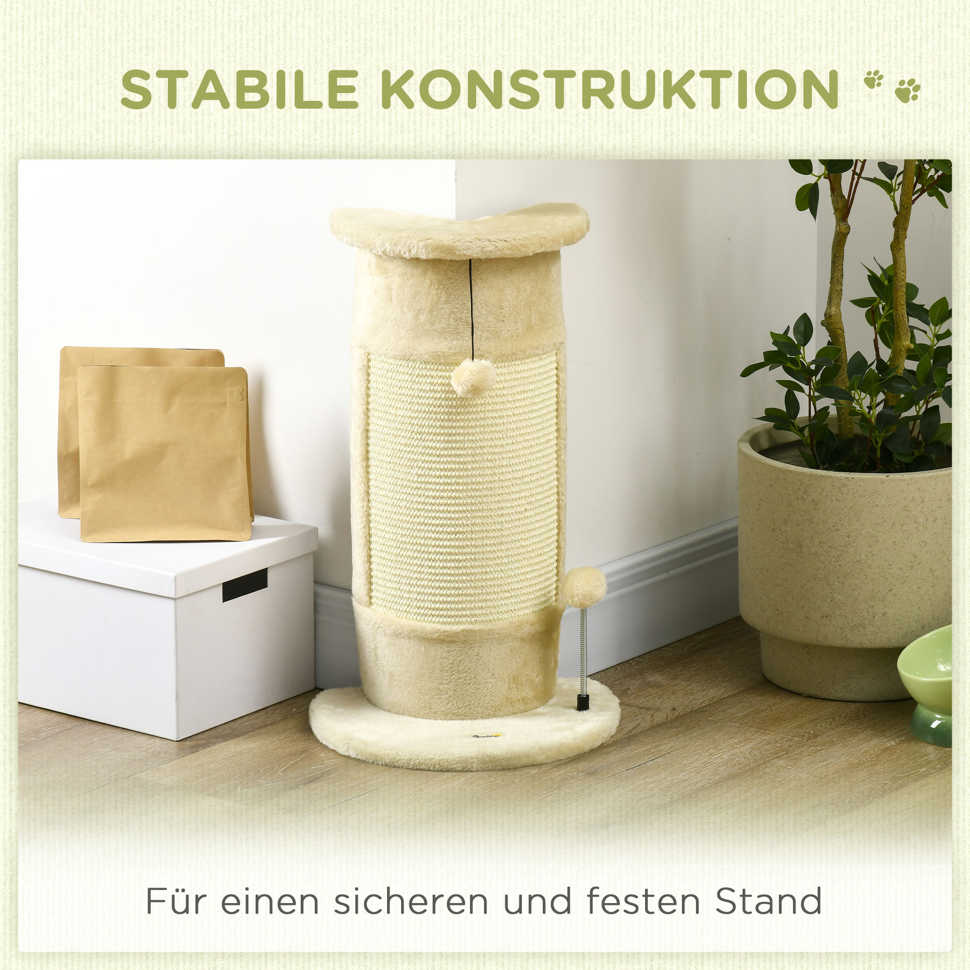 Kratzbaum mit Spielzeug, inkl. 2 Bälle. weicher Plüsch, 34 cm x 25,5 cm x 58 cm, Cremeweiß