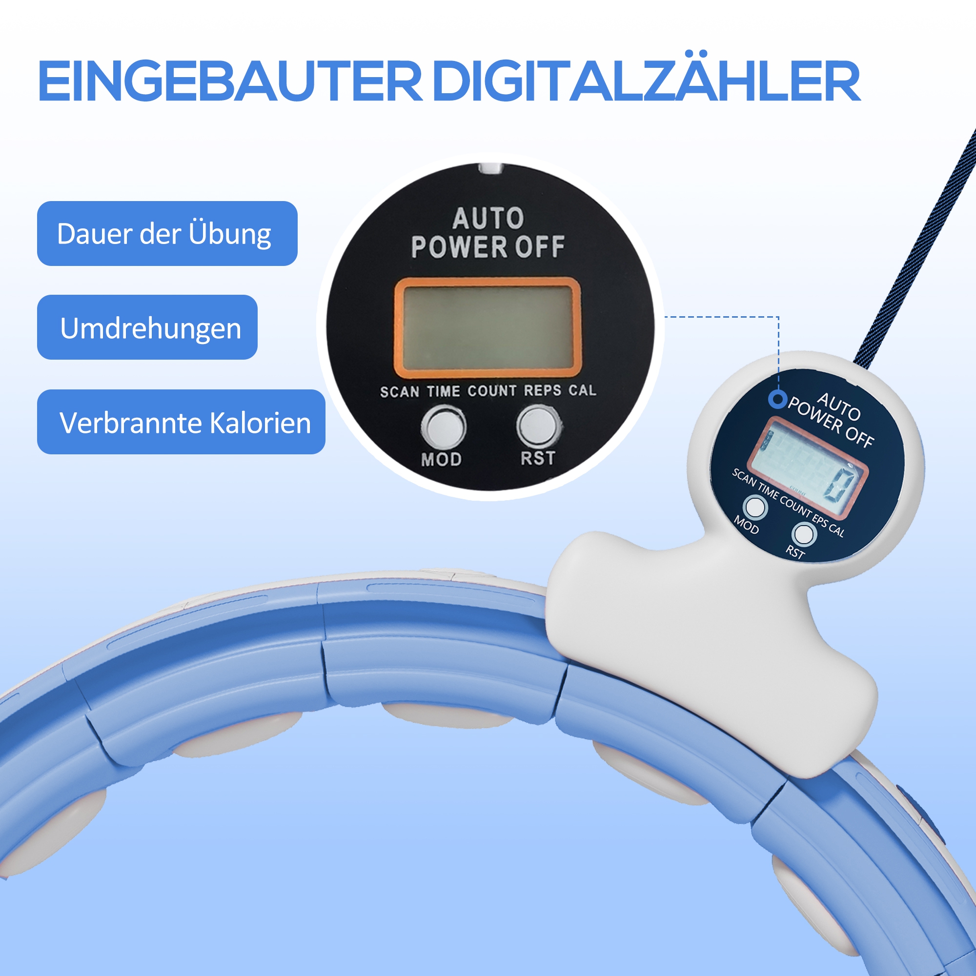 Smart Hula Hoop Reifen Erwachsene mit Gewicht Kugel Zähler 16 Knoten (76-113cm) Hellblau