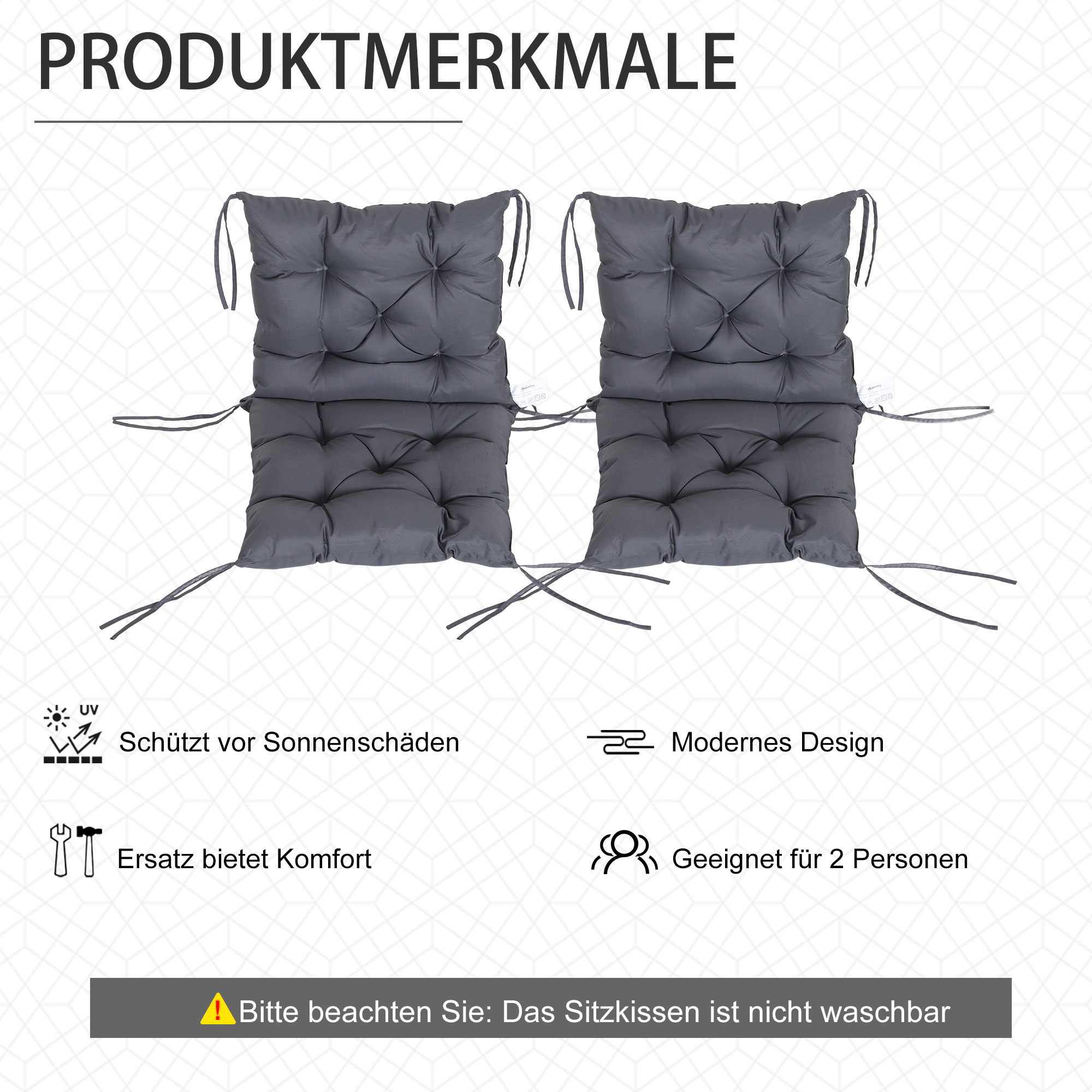 2er-Set Sitzkissen, 98cm x 50cm x 8cm Stuhlkissen mit Bänder, Polsterauflage, waschbar/Ergonomische Sitzpolster für Haus, Garten, Sofa, Grau