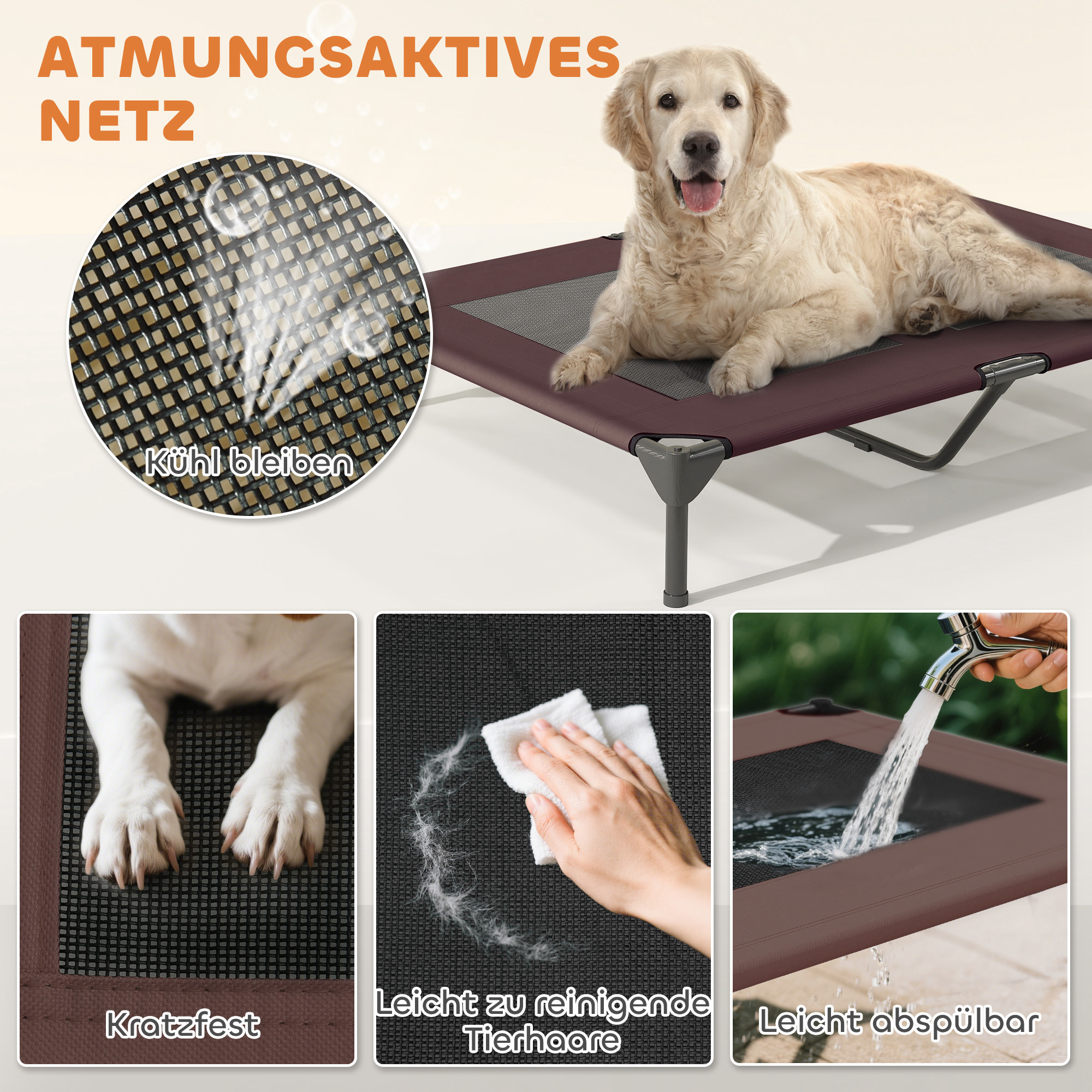 Hundeliege Outdoor mit Dach, erhöhtes Hundebett für Große Hunde, 106 x 76 x 99 cm, Kaffee