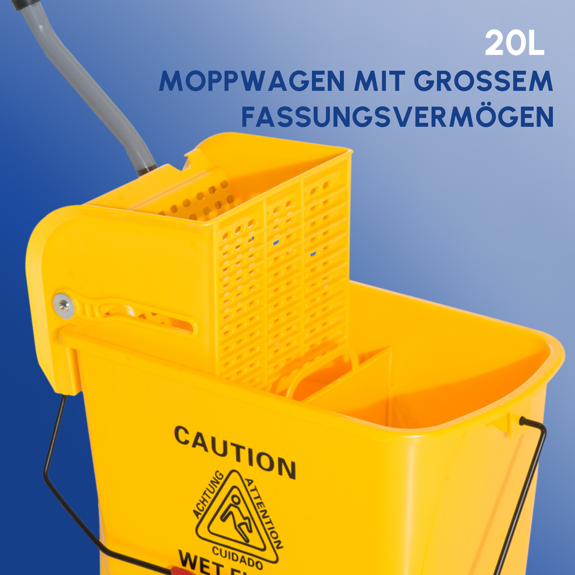 20 L Mopp-Eimer mit Auswringer und Griff, Wischmopp-Eimer auf Rädern, Kunststoff, Gelb
