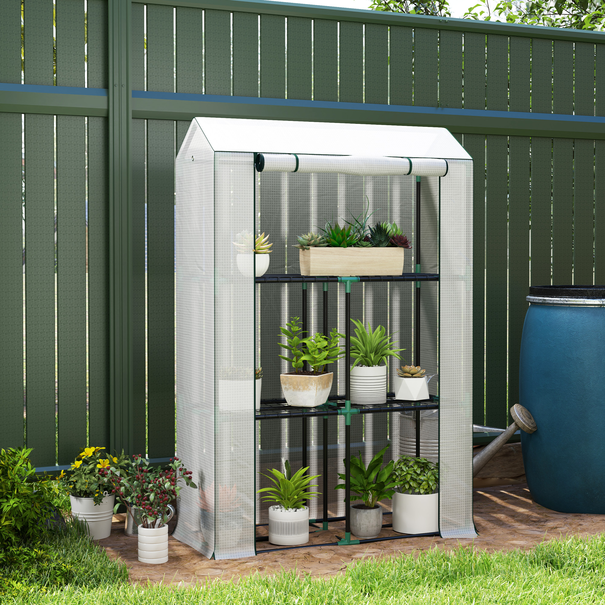 Gewächshaus mit 3-Stufen-Regal, UV-beständige Kunststoffabdeckung, Rolltür, 100 x 40 x 150 cm, Weiß