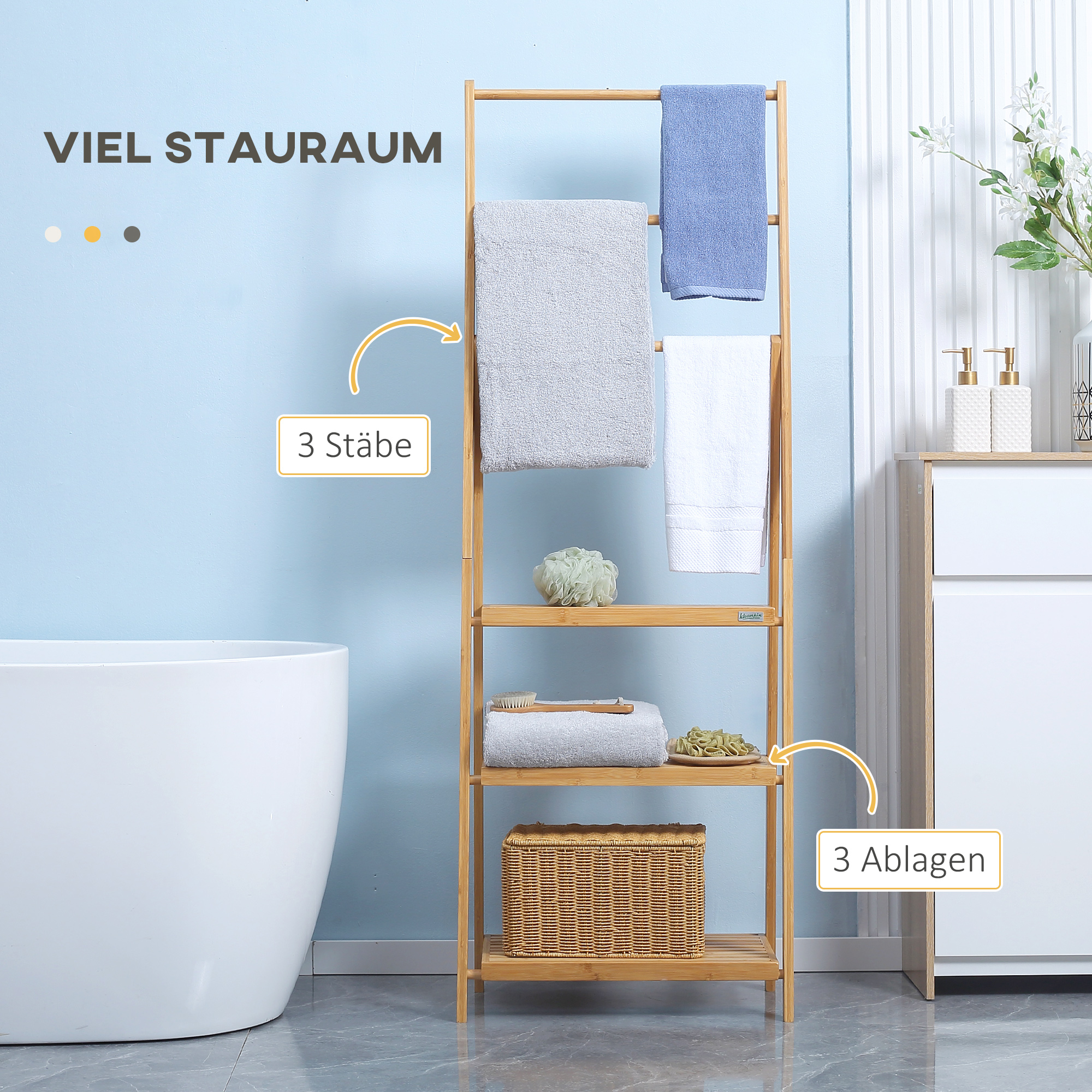Handtuchleiter aus Bambus mit Regalen, 3 Regale, 3 Handtuchhalter, klappbar, 53 cm x 30,5 cm x 152 cm, Natur