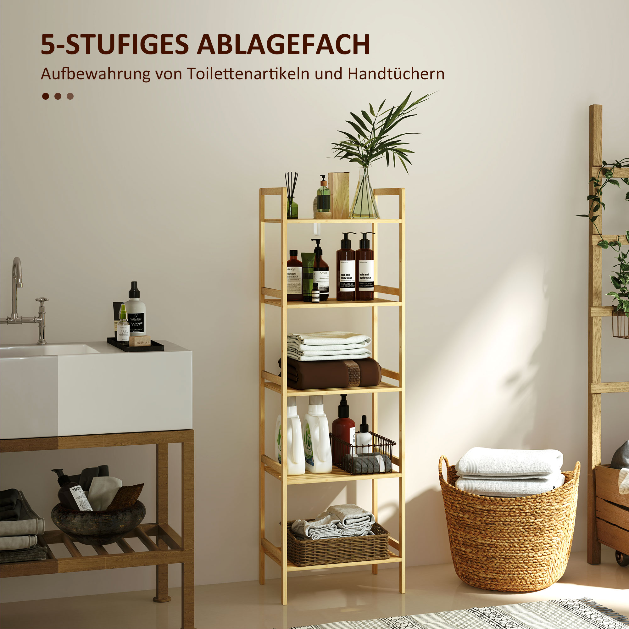 Bambus-Badezimmerregal mit 5 Ebenen, Aufbewahrungsregal mit verstellbaren Regalböden, 43,5 x 31,5 x 142 cm, Naturholz