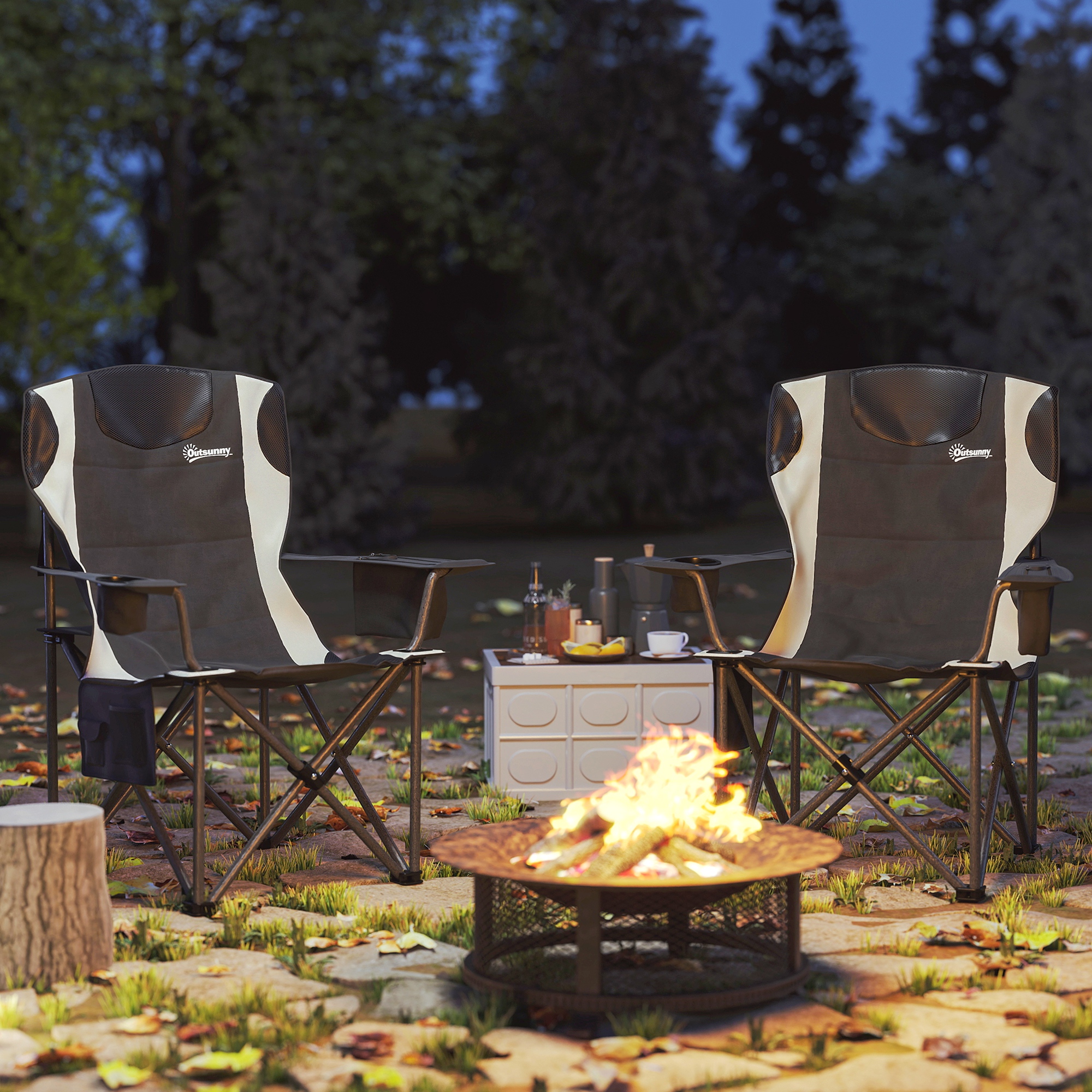 2er Set Faltstuhl faltbar Campingstuhl mit Armlehnen Getränkehalter Kopfstütze Kühltasche Schwarz