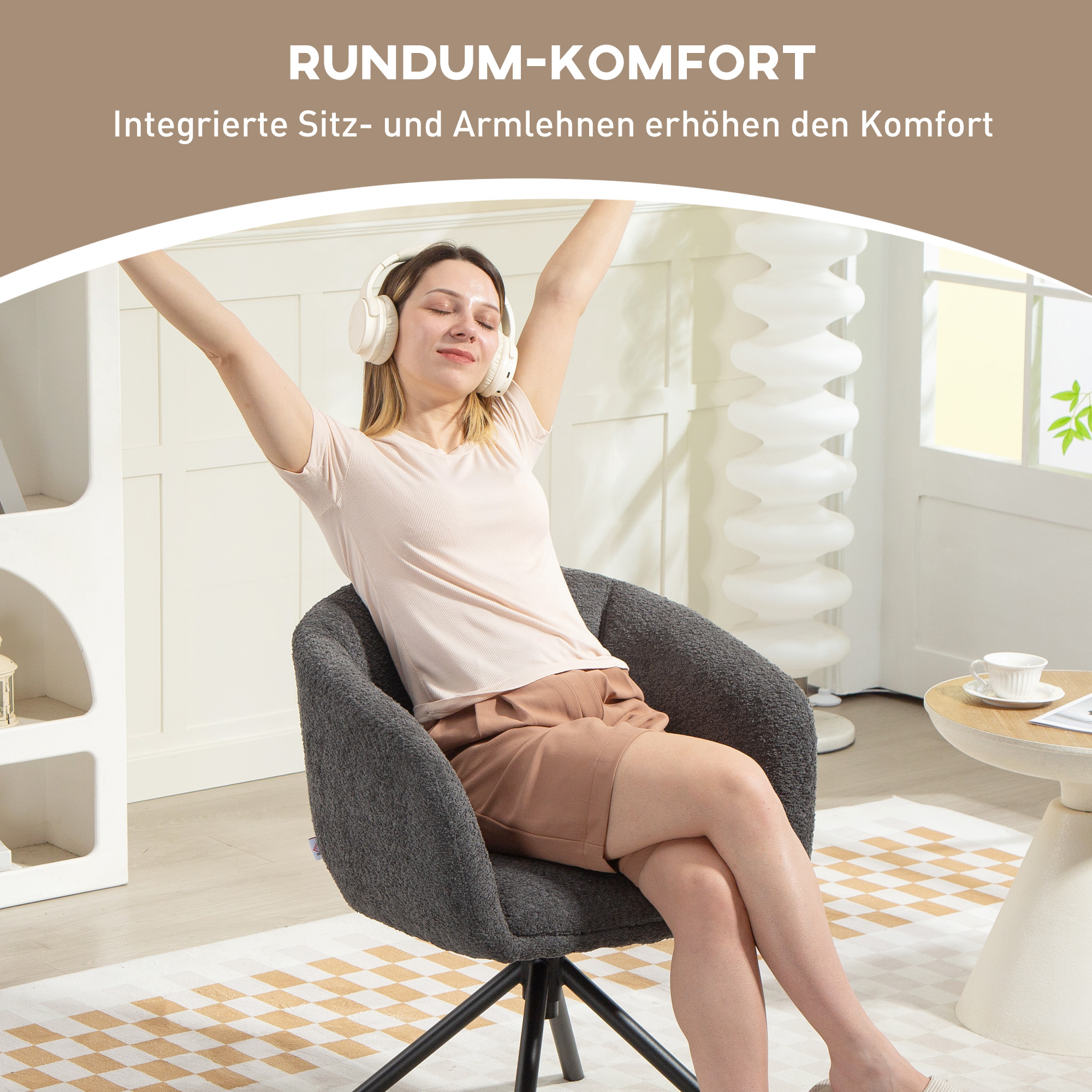 Sessel, Polsterstuhl mit bequemer Sitzschale, drehbar, kuscheliger Bezug, bis 120 kg, Dunkelgrau