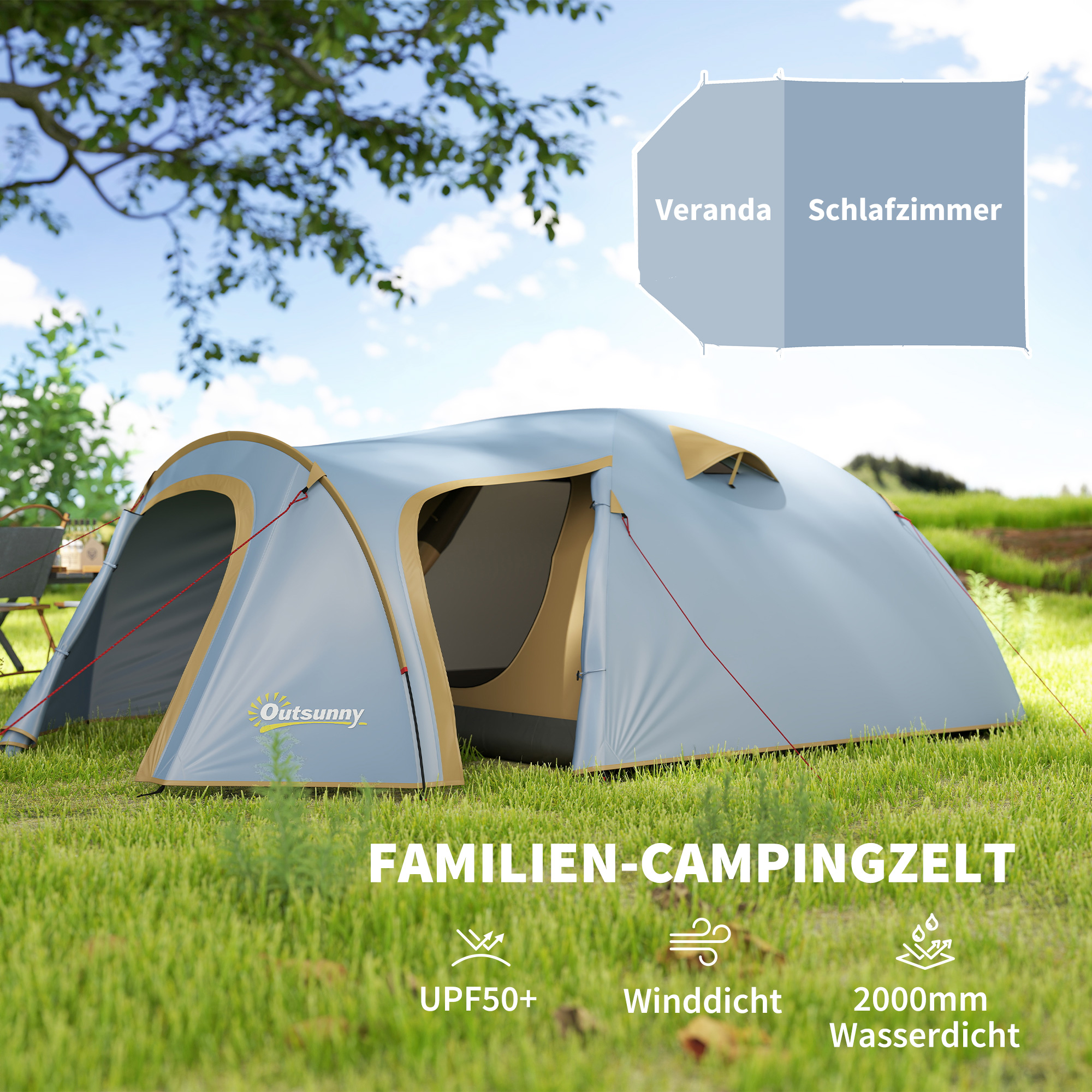 Campingzelt für 4 Personen, wasserdicht Tunnelzelt mit 2 Türen Haken Packtasche 3,45 x 2,4 x 1,3 m Hellblau