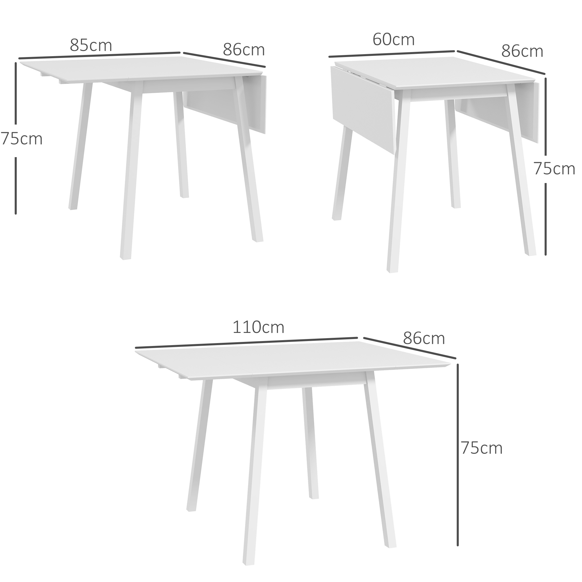 Esstisch Klapptisch Küchentisch, 2 aufklappbare Flächen, 110 x 86 x 75 cm, Weiß