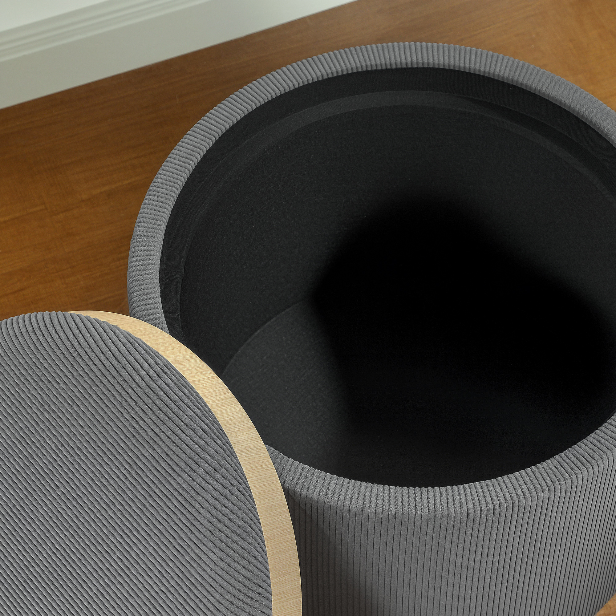 Aufbewahrungshocker mit Stauraum, rund, Fußstütze, Cordstoff, MDf, Grau