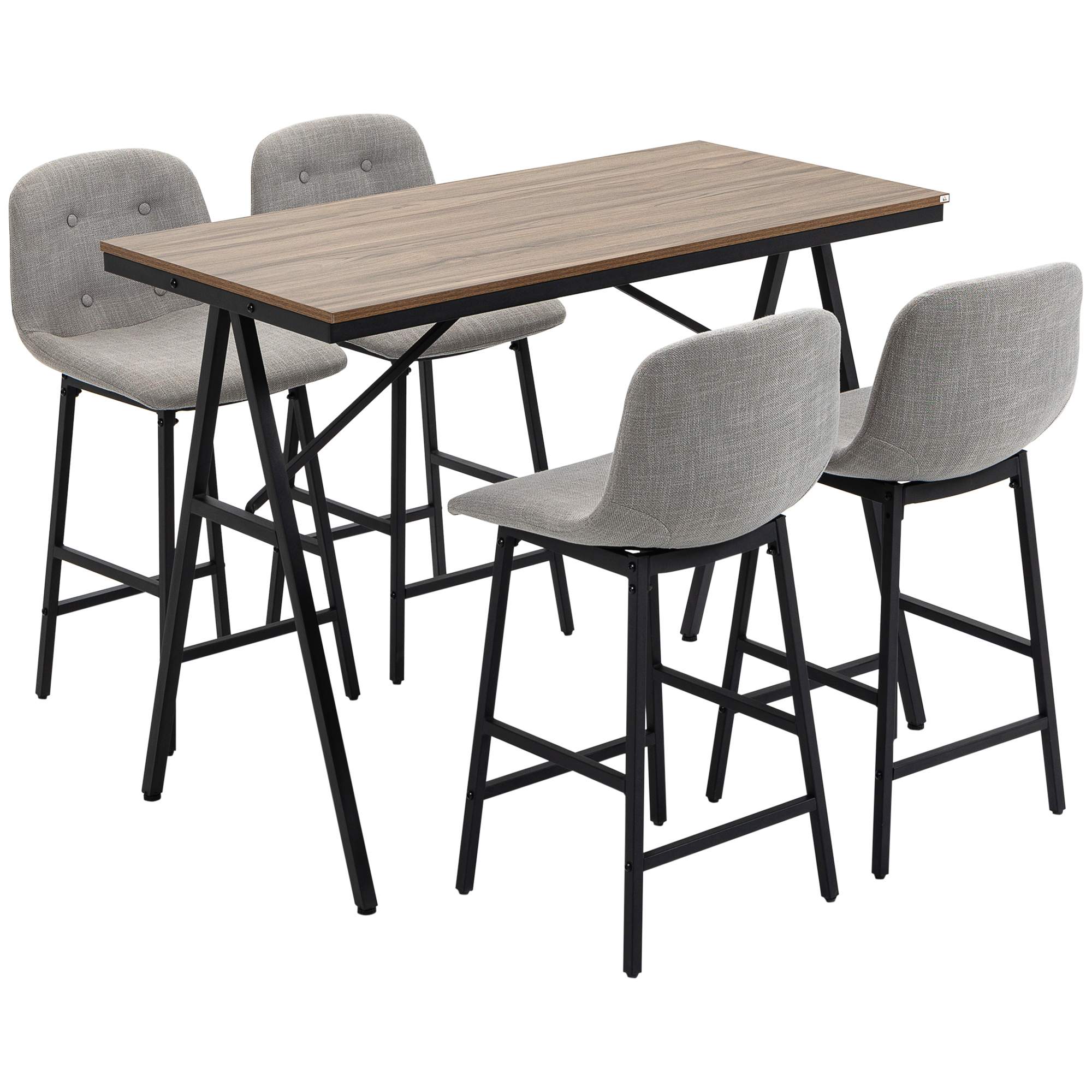 Bartisch mit Barhockern im Industrie-Design, Knopfheftung, 120 cm x 60 cm x 91 cm, Hellgrau