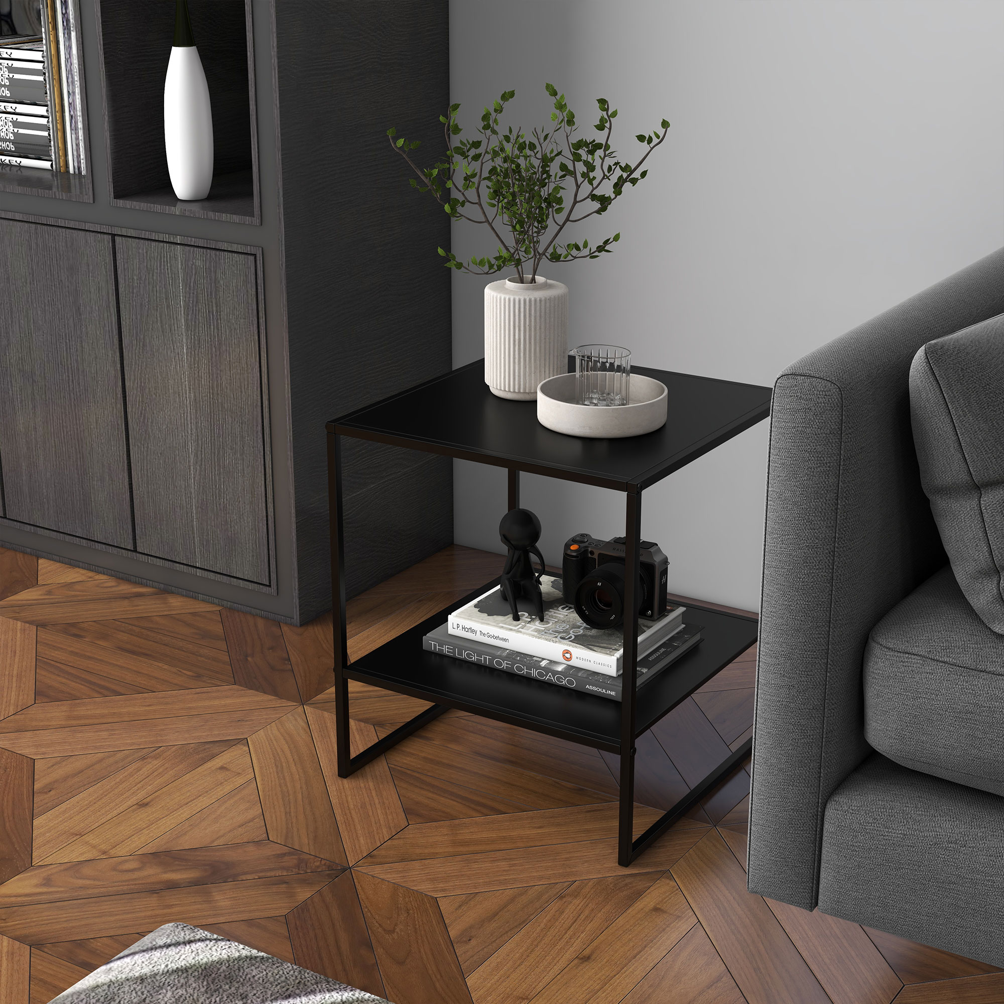 Beistelltisch im Industriedesign Couchtisch Nachttisch, 1 Ablage, Schwarz