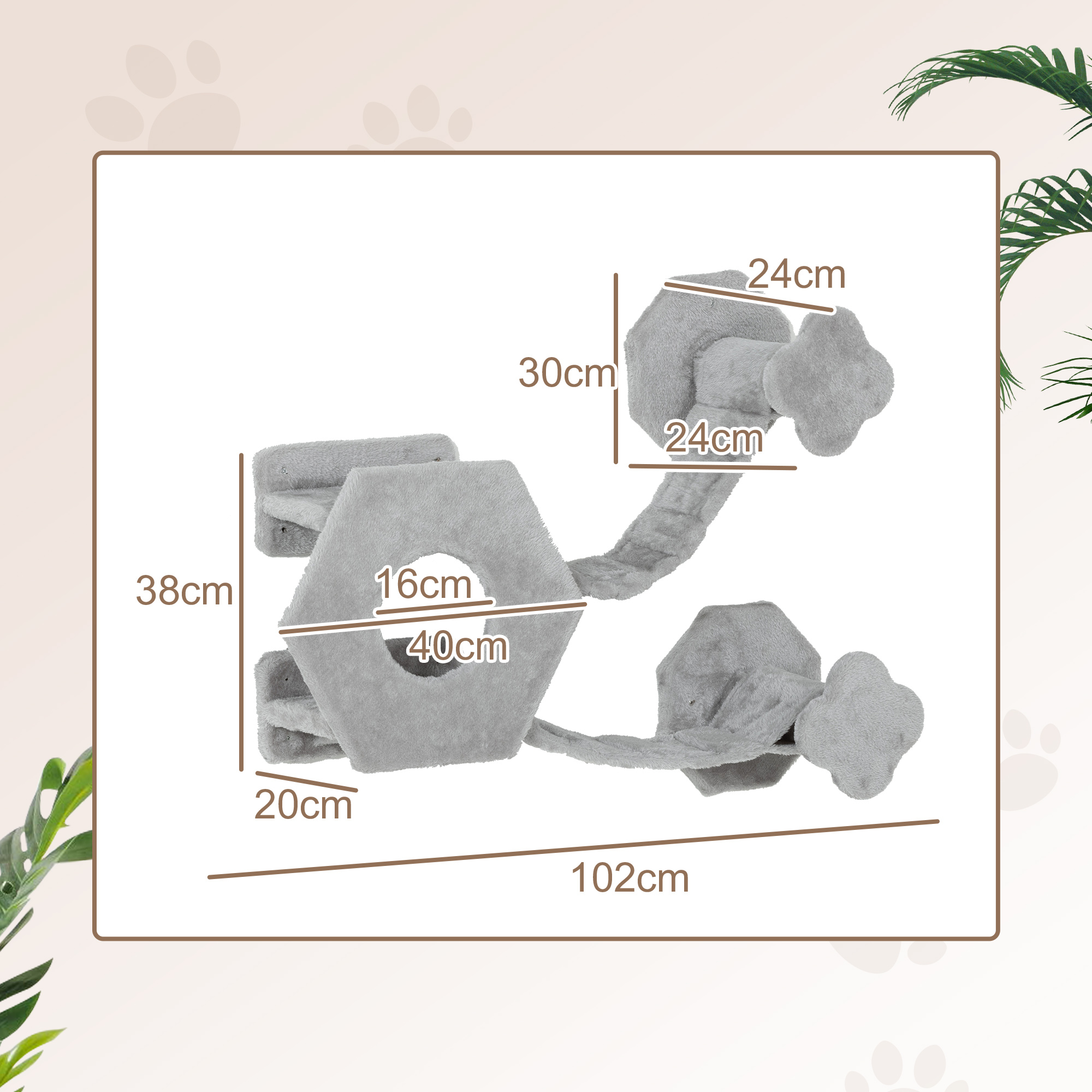 Katzen Kletterwand, inkl. Katzenhaus, Leitern, Spielball, platzsparend, Hellgrau