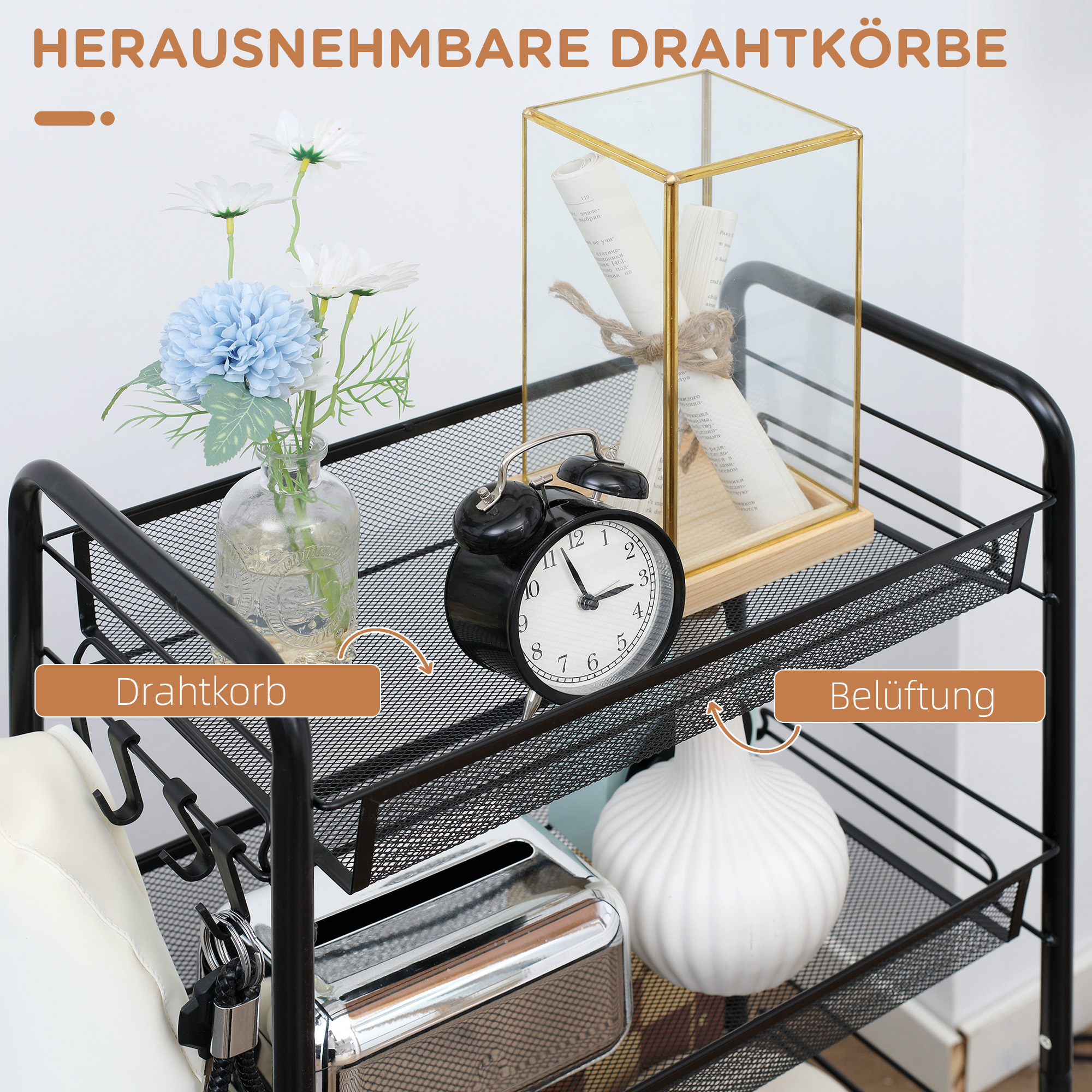 Rollwagen mit 4 Hängekörben, Servierwagen auf Rollen, fahrbar, abnehmbare Haken, Stahl, 45 x 26,5 x 84 cm, Schwarz