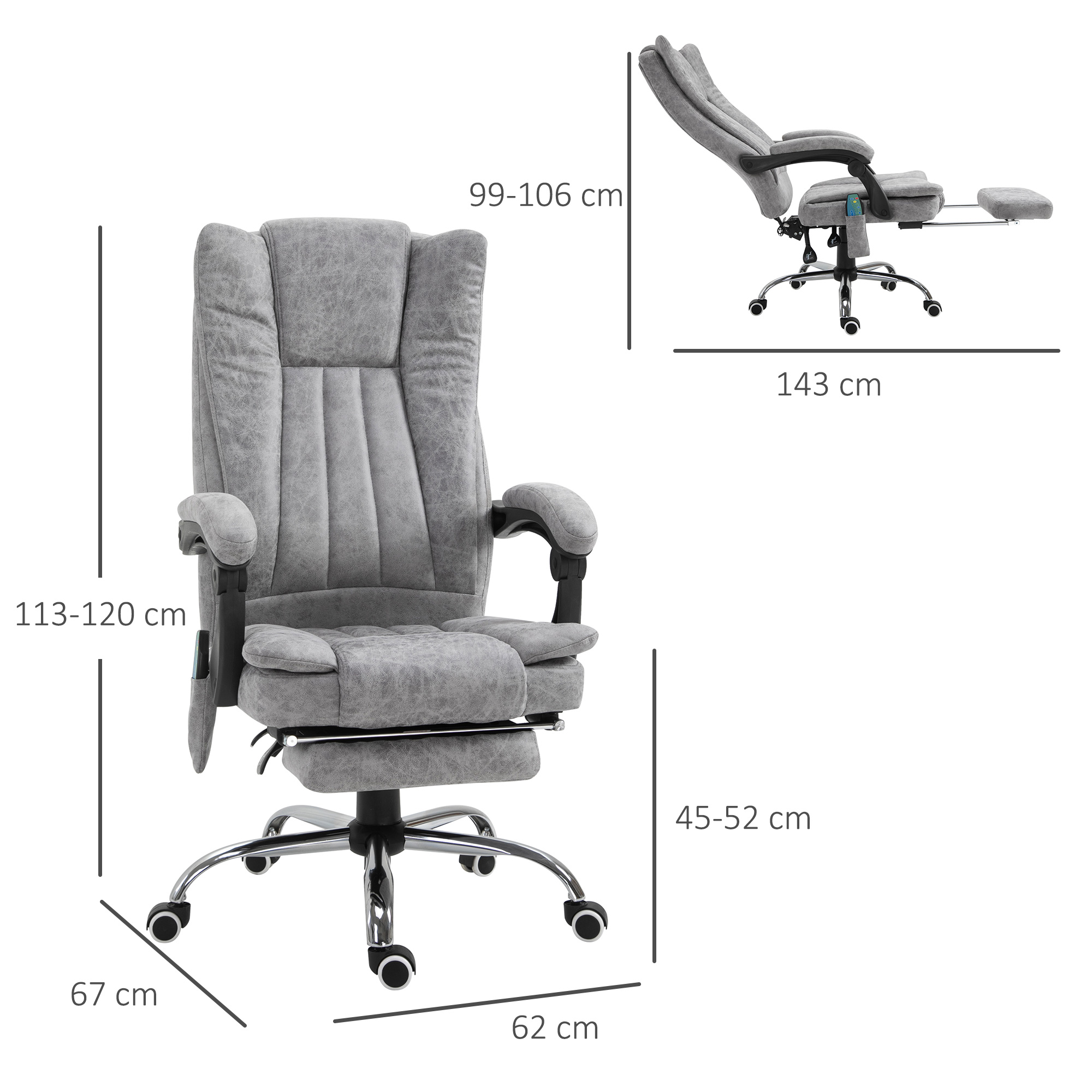Bürostuhl mit Massagefunktion, Ergonomischer Schreibtischstuhl mit Heizfunktion, Liegefunktion, Höhenverstellbarer Drehstuhl mit Fußstütze, Seitentasche, grau