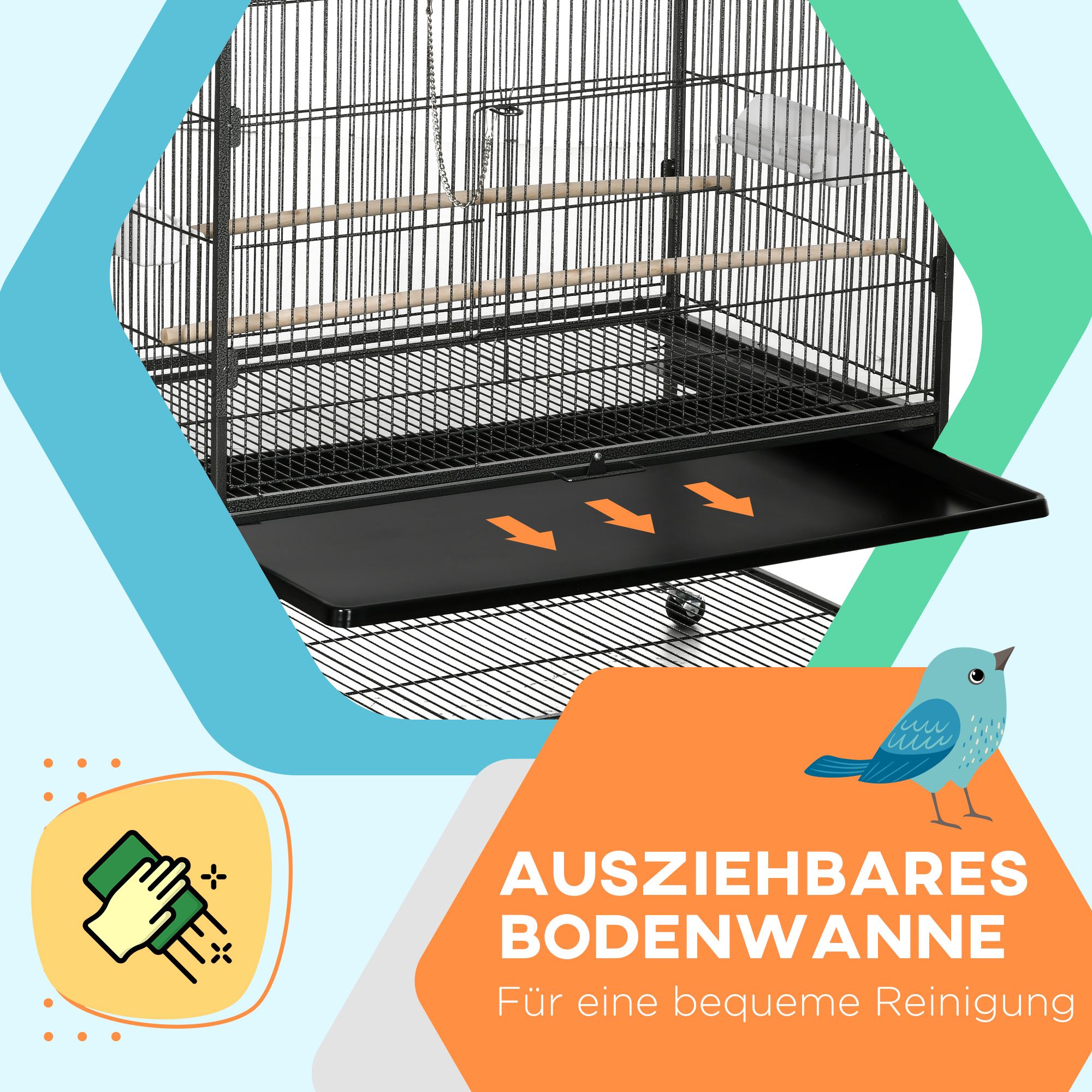 Vogelkäfig inklusive Sitzstangen, Vogelspielzeug, herausnehmbare Bodenwanne, 1 Ablage, Grau