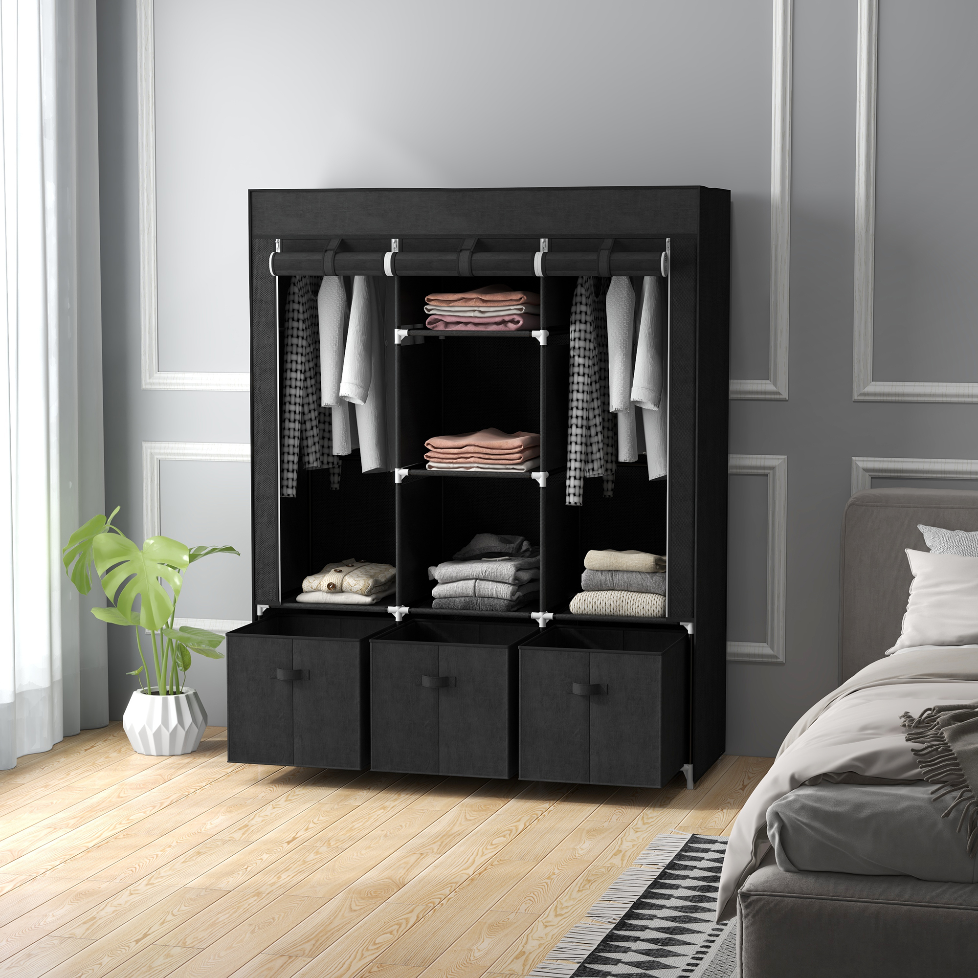 Stoffschrank aus Vlies, Faltschrank, inkl. 3 Schubladen, 125 cm x 43 cm x 162,5 cm, Schwarz