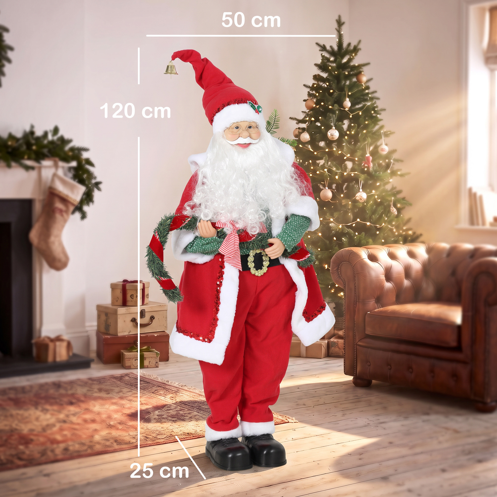 Singender & tanzender Weihnachtsmann, 120 cm, stehende animierte Weihnachtsfigur mit Girlande & Sack, per Sound/Berührung aktiviert