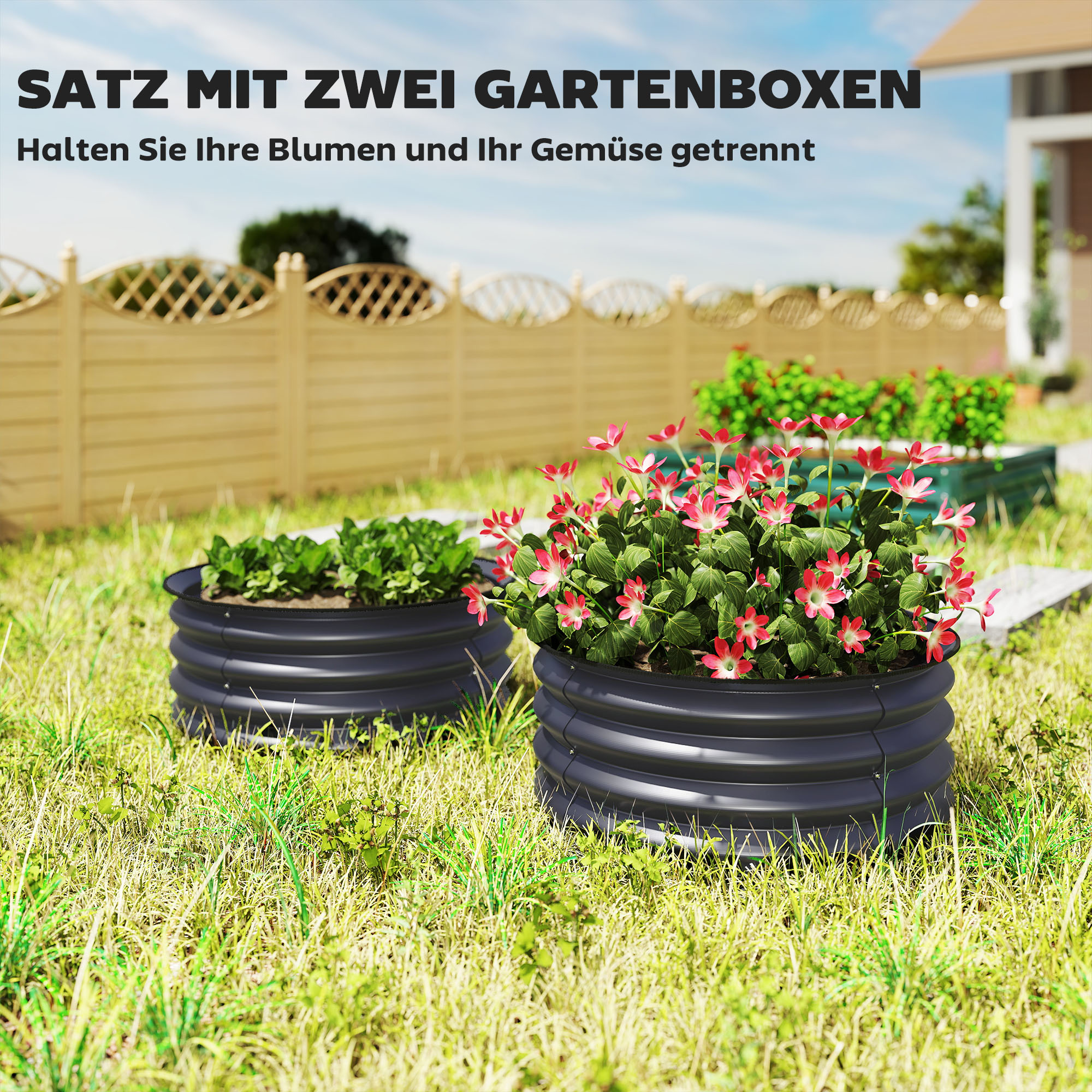 2er-Set Verzinkte Pflanzkübel, Ø60 x 30H cm Blumentöpfe mit offenem Boden für verschiedene Pflanzen, Dunkelgrau