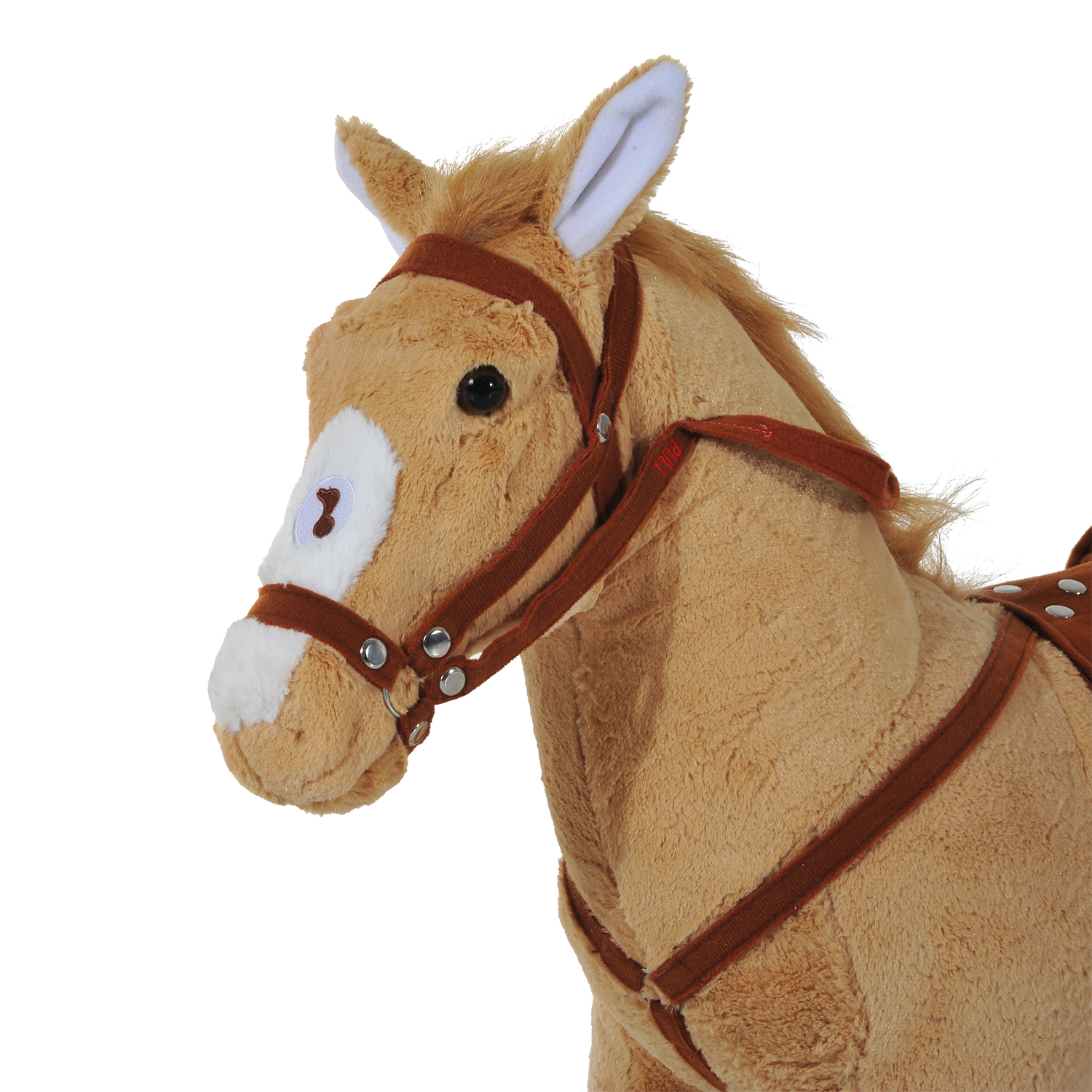 Reitpferd auf Rollen 60 cm Stehpferd mit Sattel, Zaumzeug Steigbügel Sound Spielpferd zum Reiten Draufsitzen Schaukeltier für Kinder ab 2 Jahre, Schaukelpferd Plüschpferd Indoor Outdoor Beige