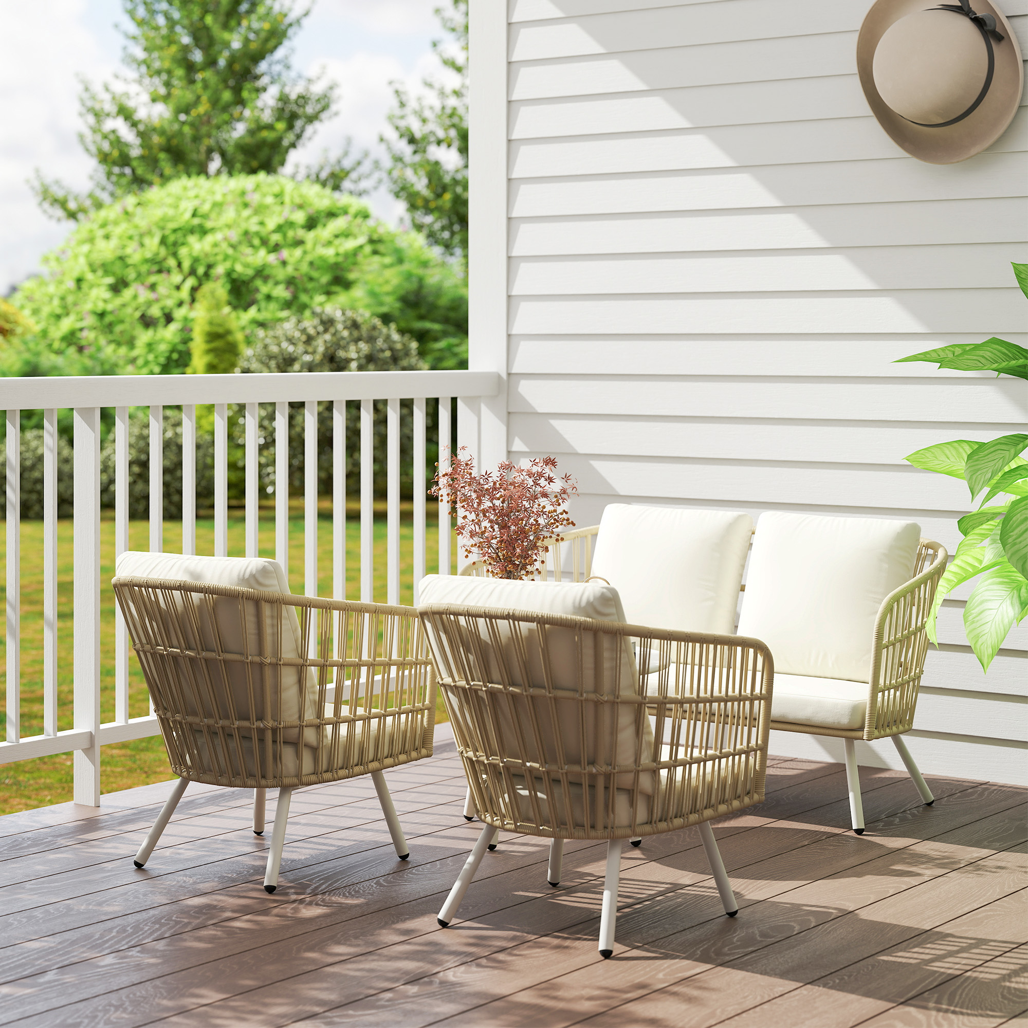 Gartenmöbel Set aus Polyrattan Lounge-Set mit 2er Sofa Sessel Tisch Kissen wetterfest für 4 Personen Khaki