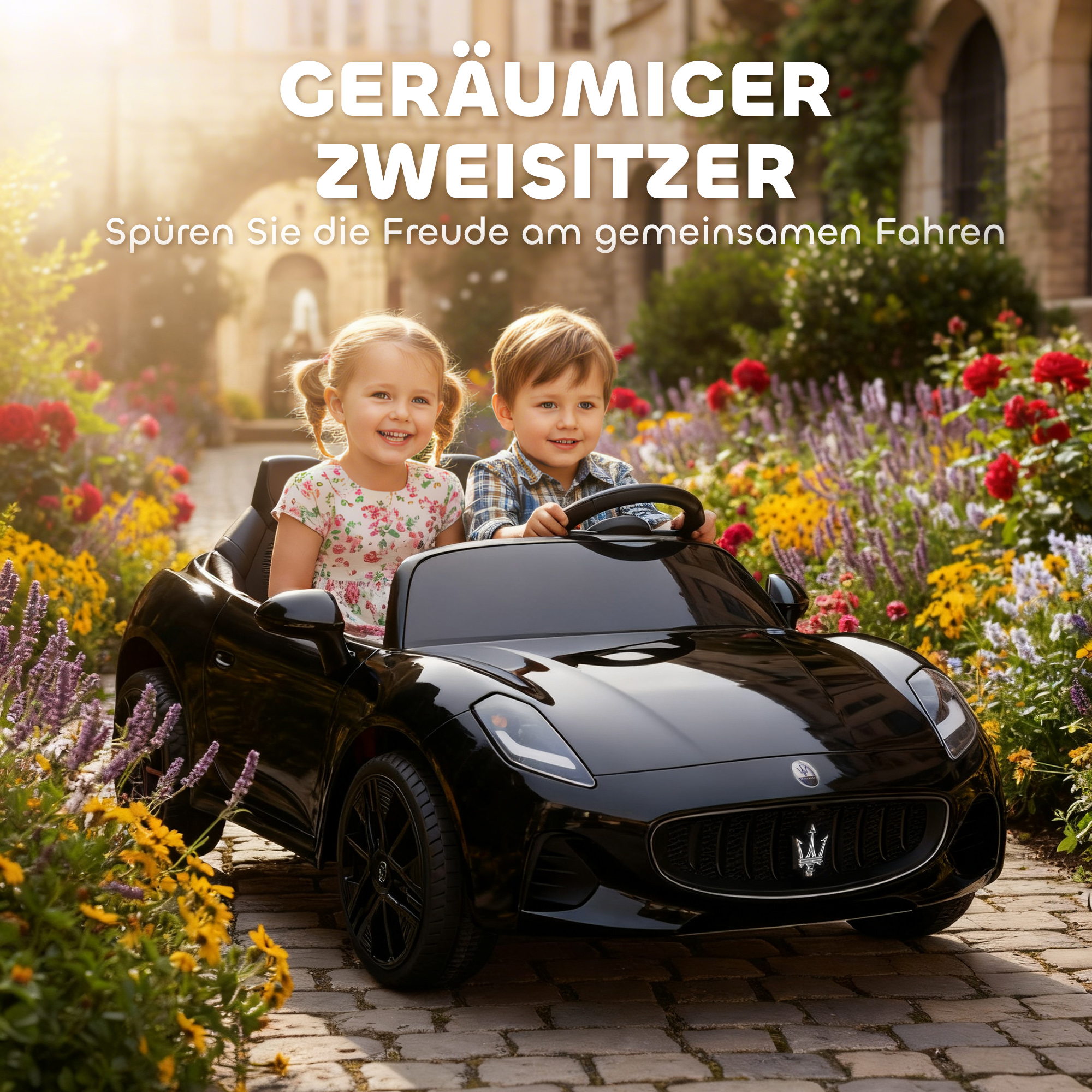 Maserati Elektroauto für Kinder, 2-Sitzer, 12V Batteriebetrieb, Fernbedienung, LED-Lichter, Musikfunktion, Schwarz