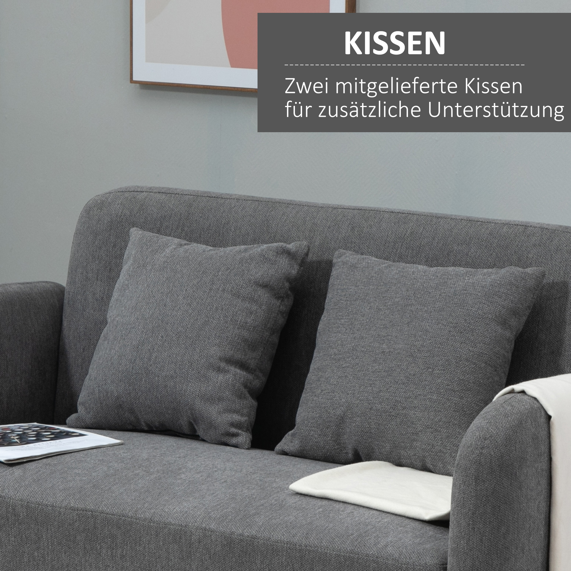 2 Sitzer Sofa, Couch mit 2 Wurfkissen, gepolsterter Doppelsofa, Polstersofa mit Samtopik, Armlehne, Loveseat für Wohnzimmer, Schlafzimmer,  130 x 70 x 80 cm, Grau