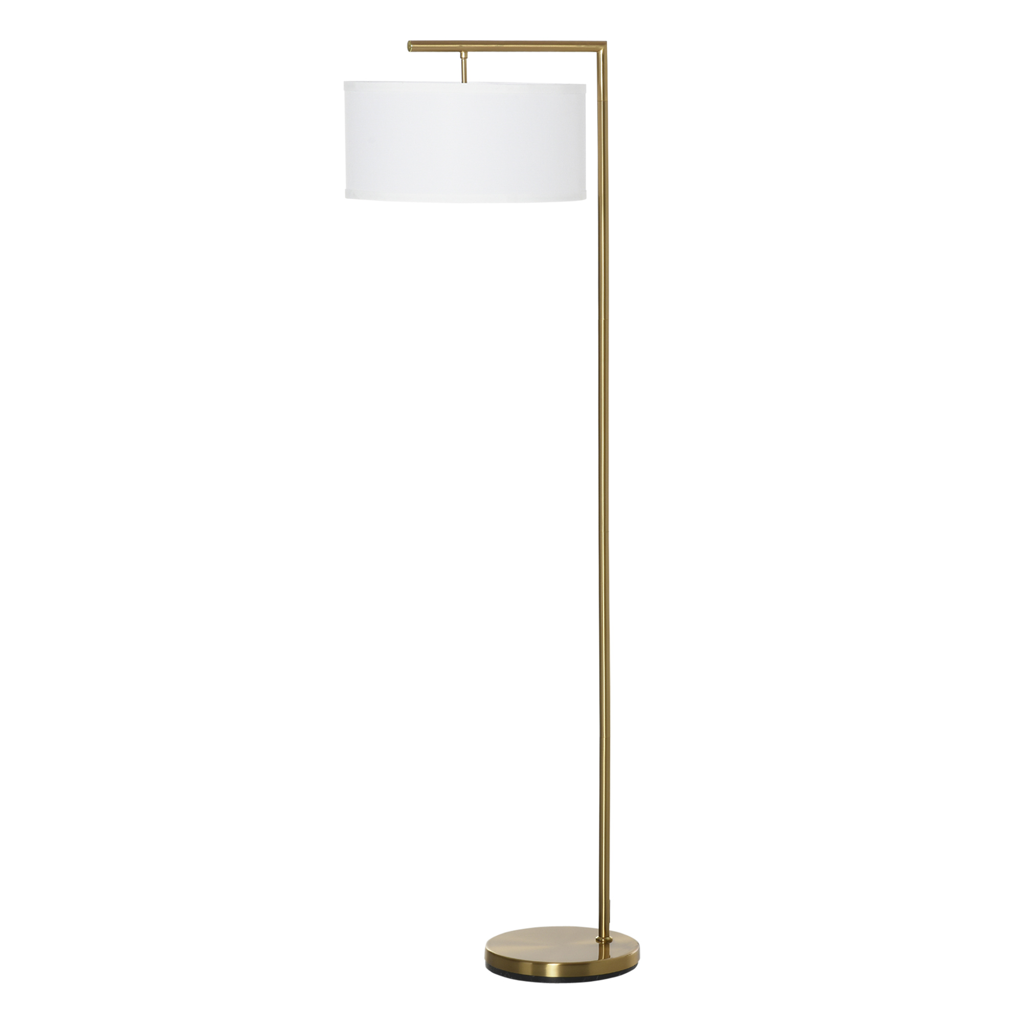 Stehleuchte, Stehlampe, E27 Sockel, Goldoptik, weißer Stoffschirm, Fußschalter, Stahl, 47 x 37 x 153 cm