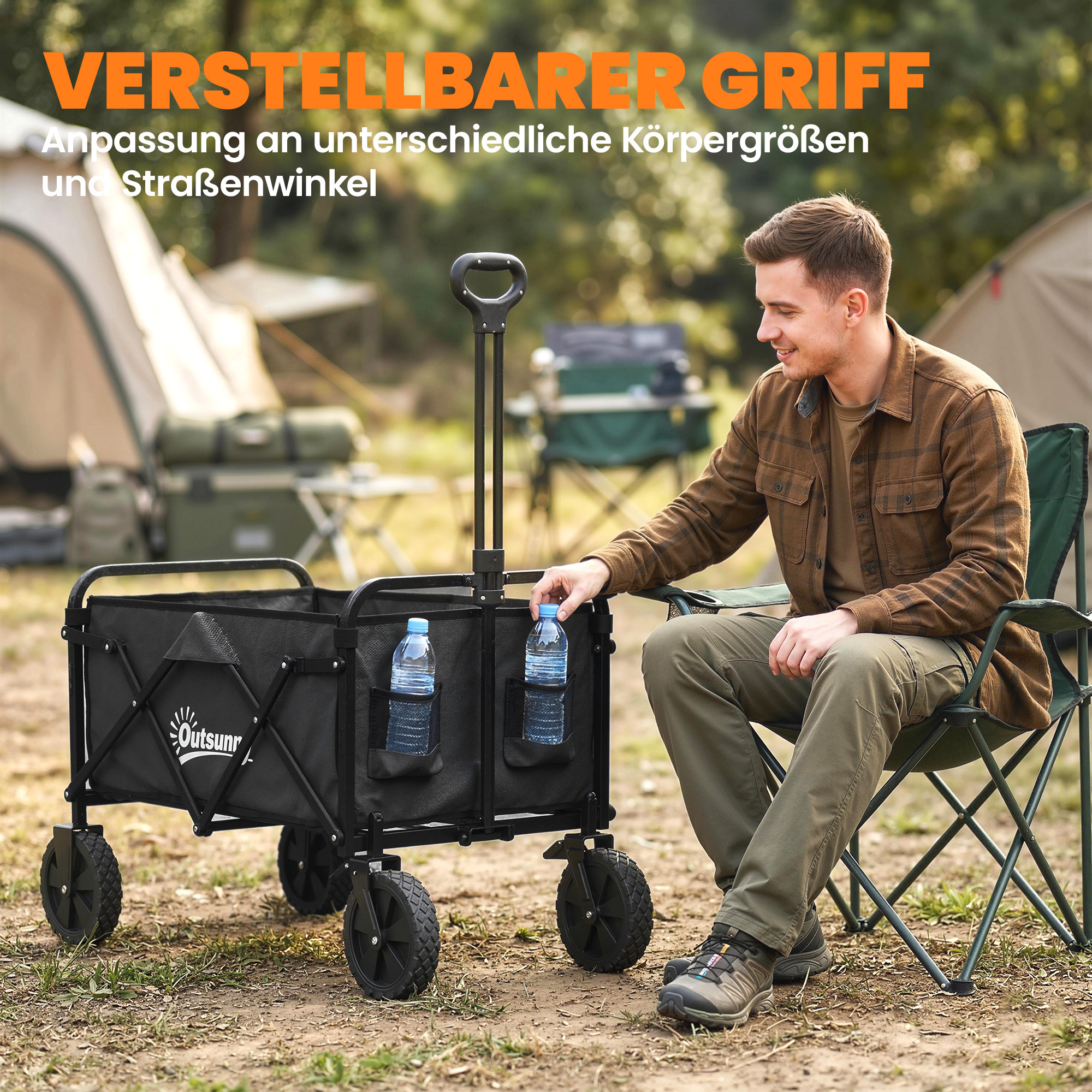 Bollerwagen faltbarer Handwagen Gartenwagen Transportwagen mit Griff Verstellbarer Griffhöhe Getränkehalter Schwarz