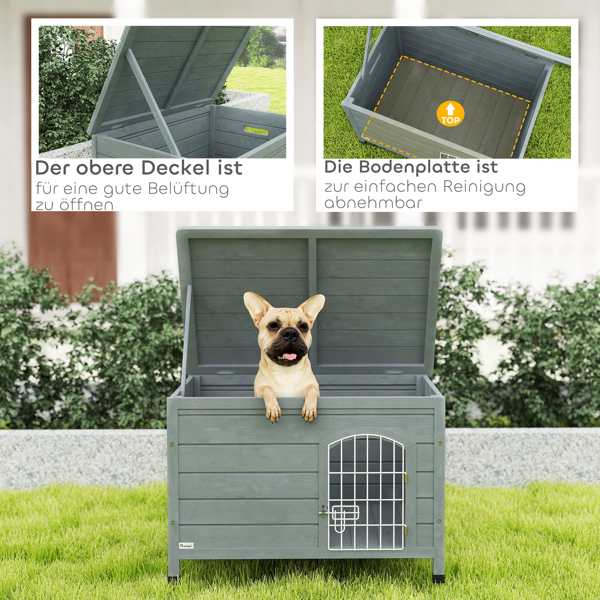 Hundehütte, Hundehaus mit Tür, Hundebox, Haustierhütte, Tannenholz, Dunkelgrau