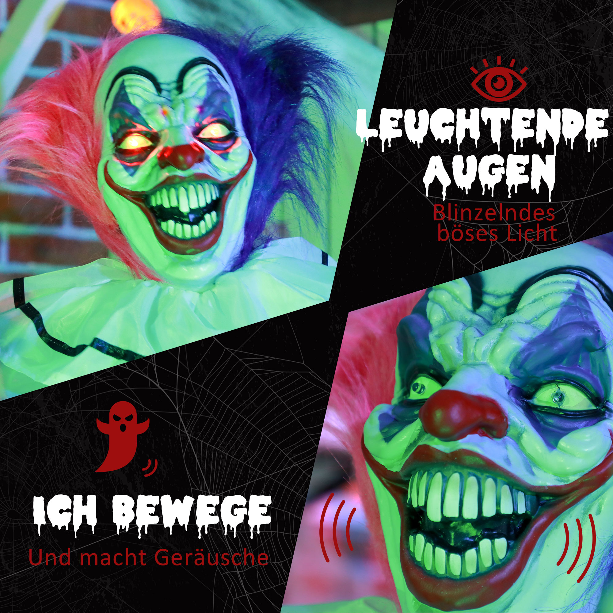 Grusel-Clown Halloween-Dekoration, beweglich, Lach-Funktion, Pink+Lila