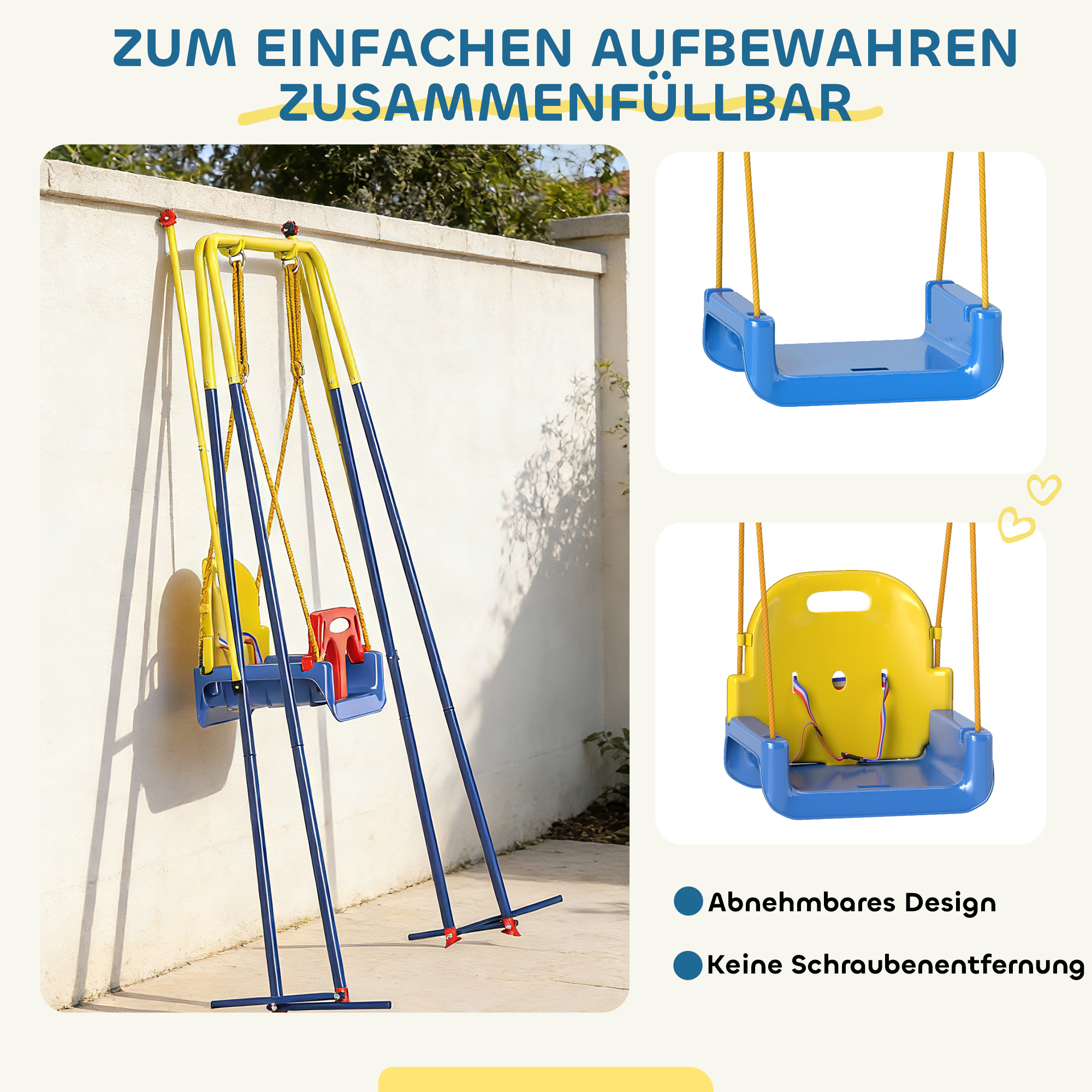 Babyschaukel 3 in 1 Kinderschaukel verstellbar Schaukelsitz mit Rückenlehne, Anschnallgurt, 128 x 155 x 157 cm Blau