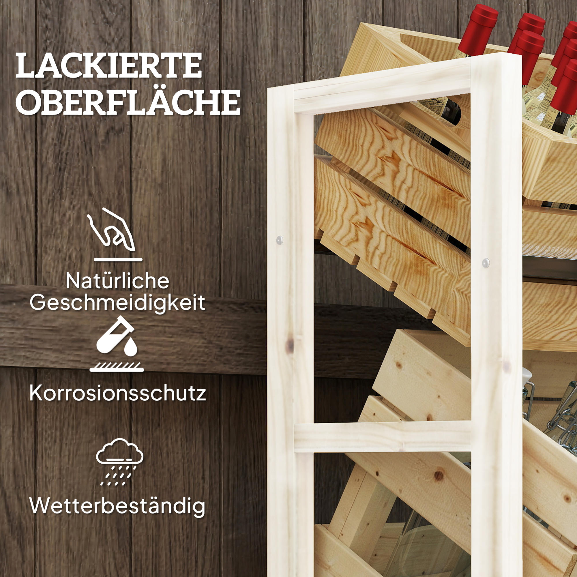 Getränkekistenregal für 3 Getränkekisten Getränkeregal Holz Kistenregal mit 3 Ebenen 56 x 32 x 112 cm Naturholz