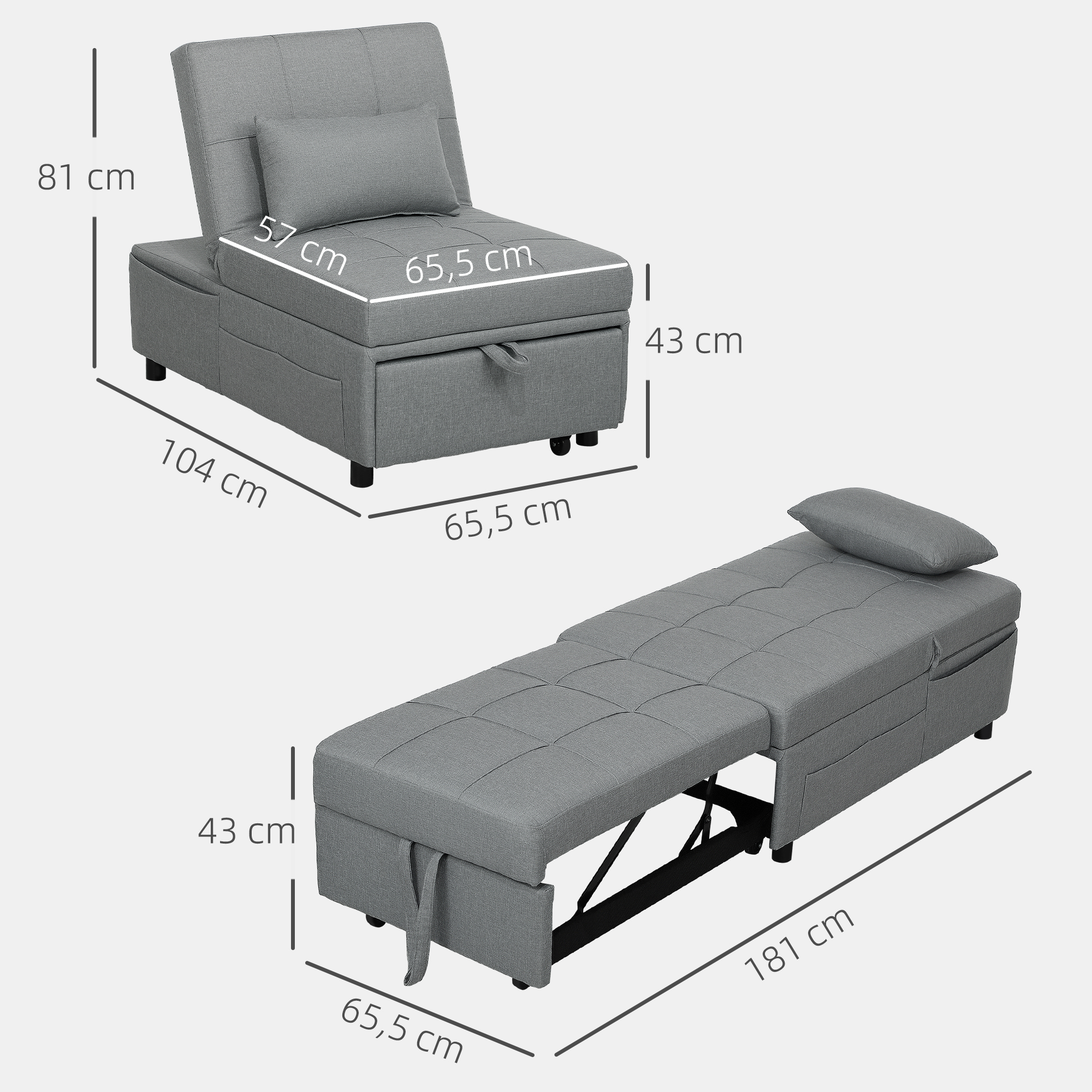 3-in-1 Klappsessel mit Seitentasche, Gästebett mit Kissen, Verstellbarer Rückenlehne, Bettsessel mit Rollen, Hellgrau