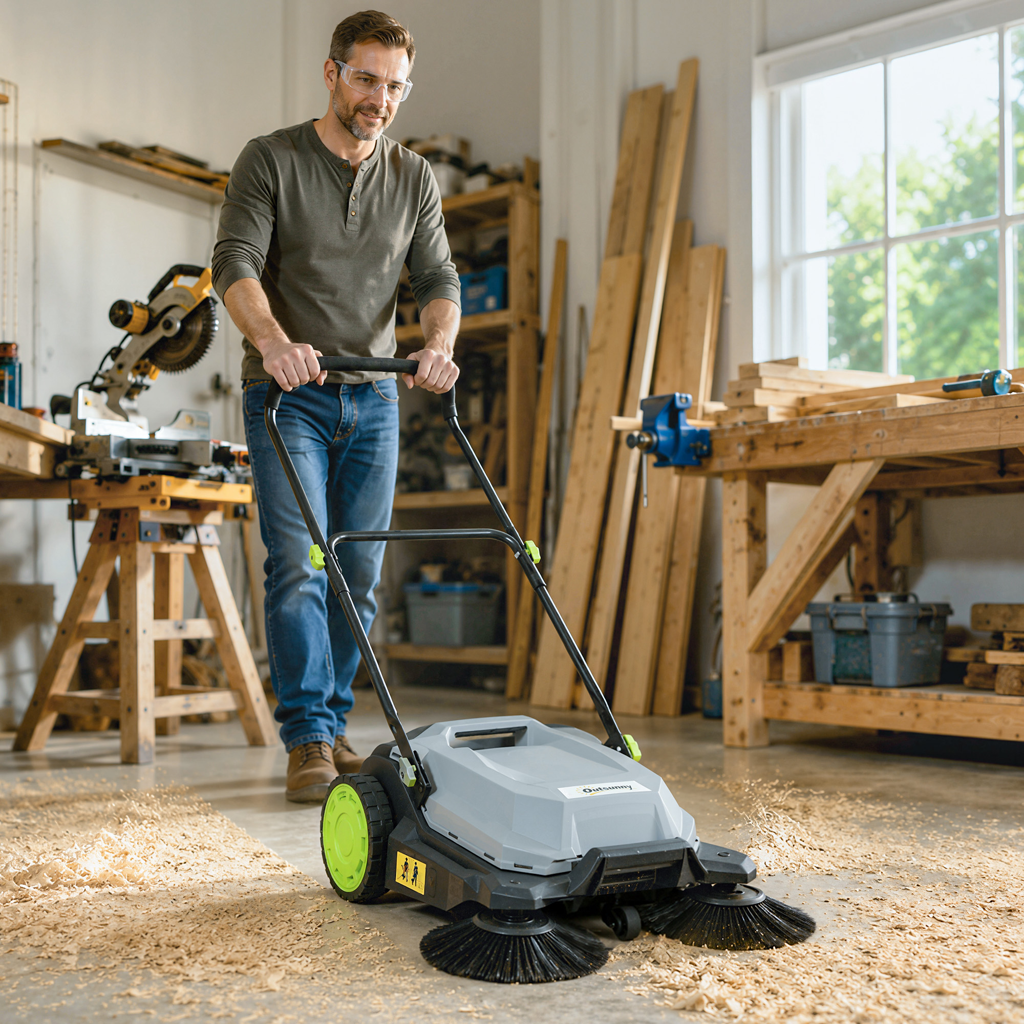 Kehrmaschine manuell mit 68 cm Kehrbreite, 24 L Schmutzbehälter, Höhenverstellbar klappbar Griff 3-Bürsten-Kehrsystem