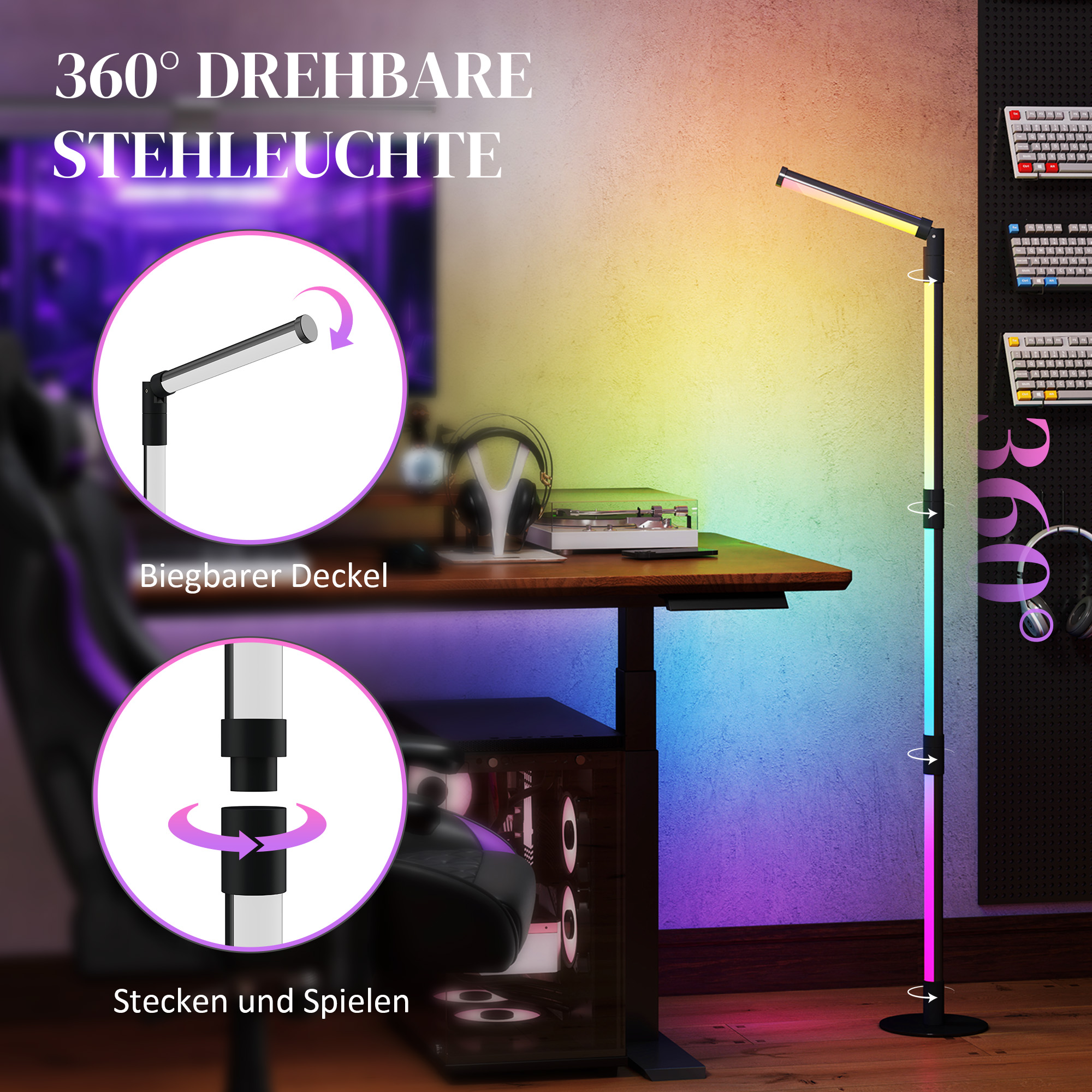 LED-Stehlampe, Standfußlampe mit Fernbedienung und verschiedenen Farben, Timer, App, Musik-Synchronisation, Dunkelgrau