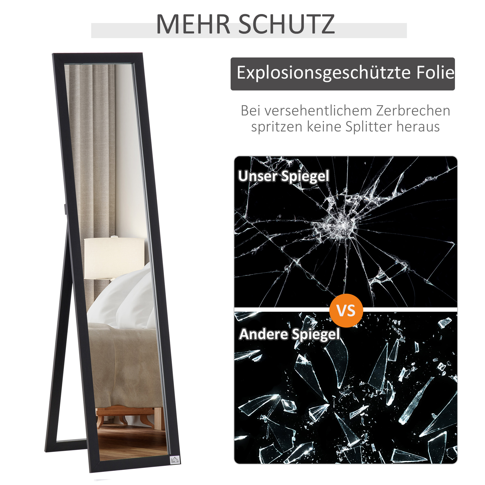 Ganzkörperspiegel, freistehend, Wandmontage, MDF-Rahmen, 37 x 37 x 154 cm, Schwarz