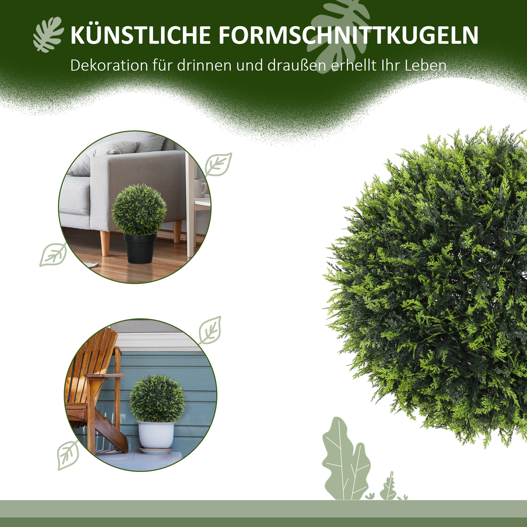 Künstliche Pflanzen im 2er-Set, UV-beständige dekorative Pflanzen, Deko-Pflanzen, Indoor, Outdoor, 45 cm, Grün